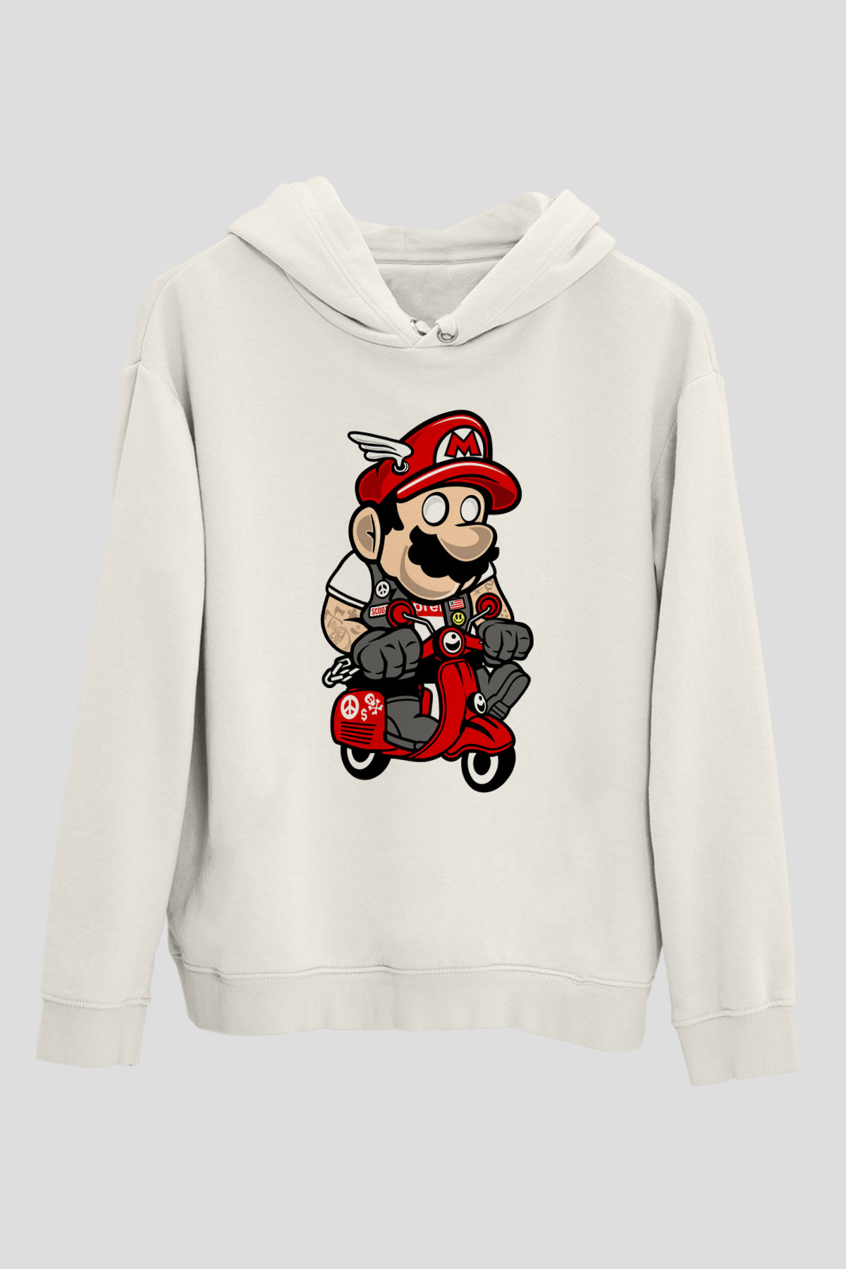 Mario Scooter Baskılı Beyaz Unisex Hoodie