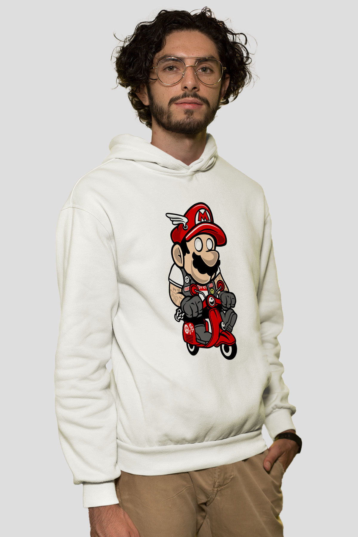 Mario Scooter Baskılı Beyaz Unisex Hoodie