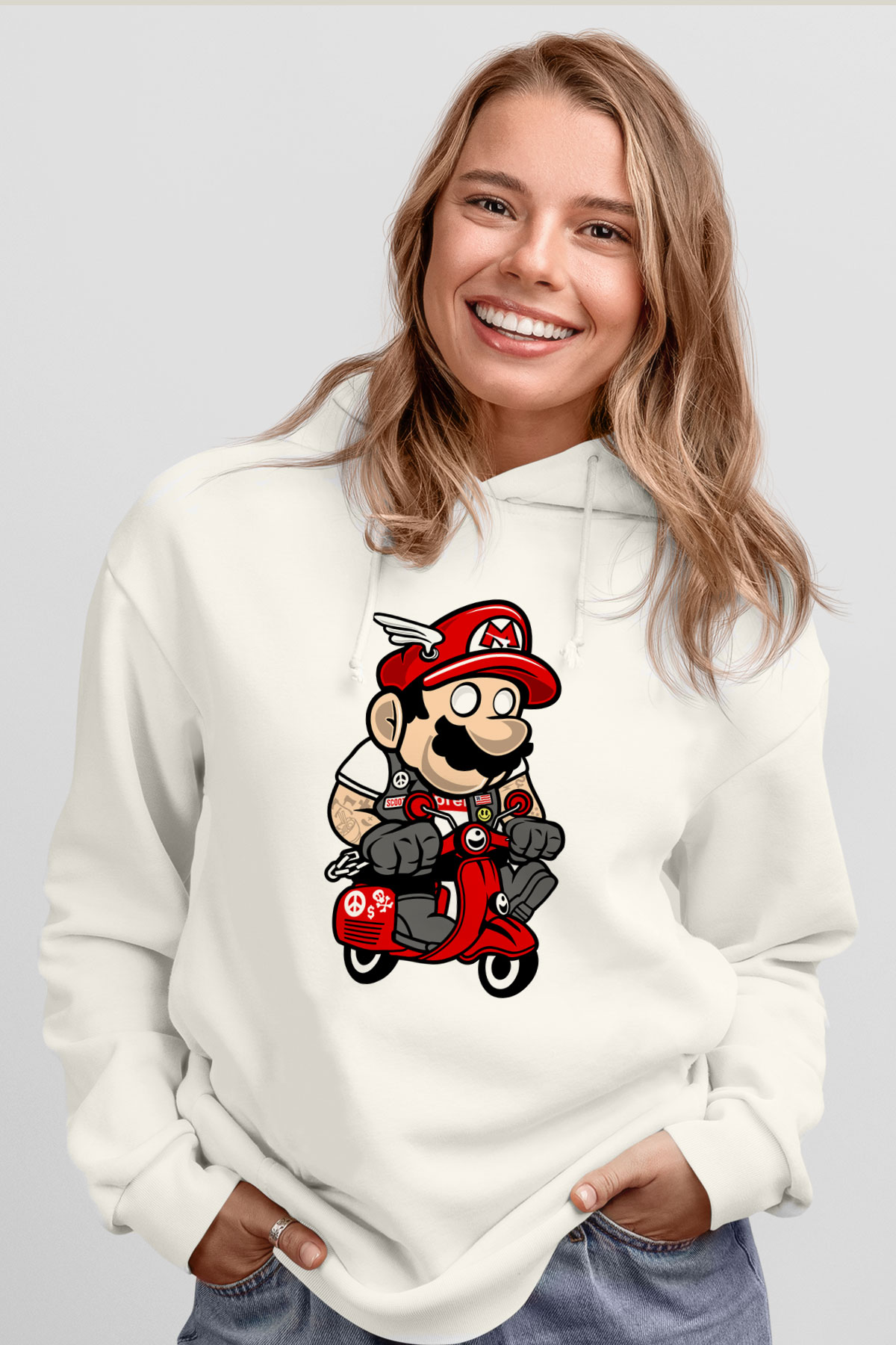 Mario Scooter Baskılı Beyaz Unisex Hoodie