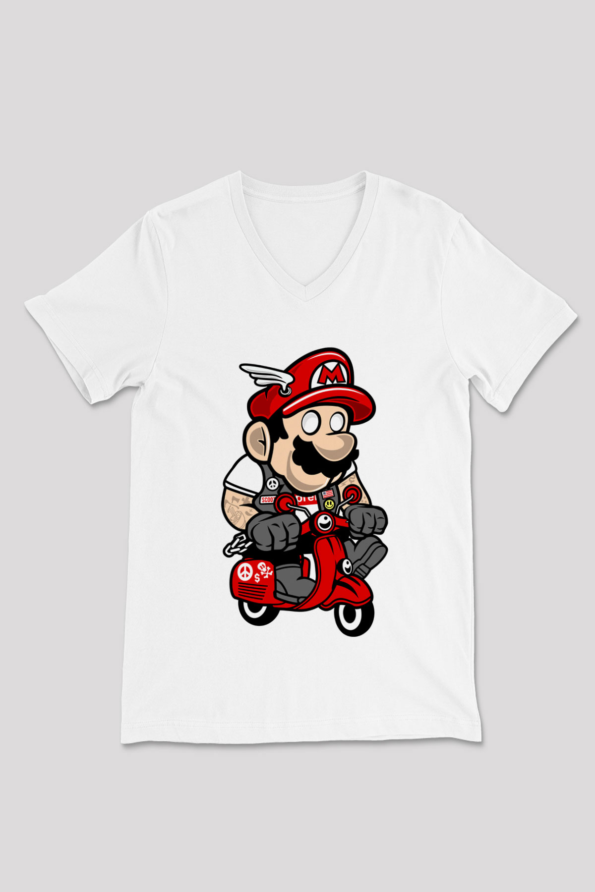 Mario Scooter Baskılı Beyaz Unisex V Yaka Tişört