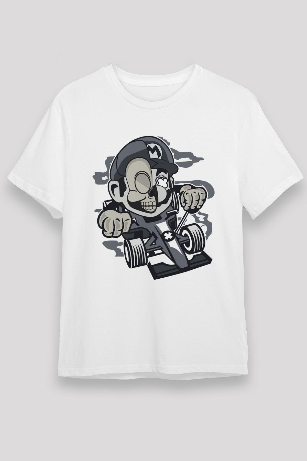 Mario Skull Karting Racer Baskılı Beyaz Unisex Tişört