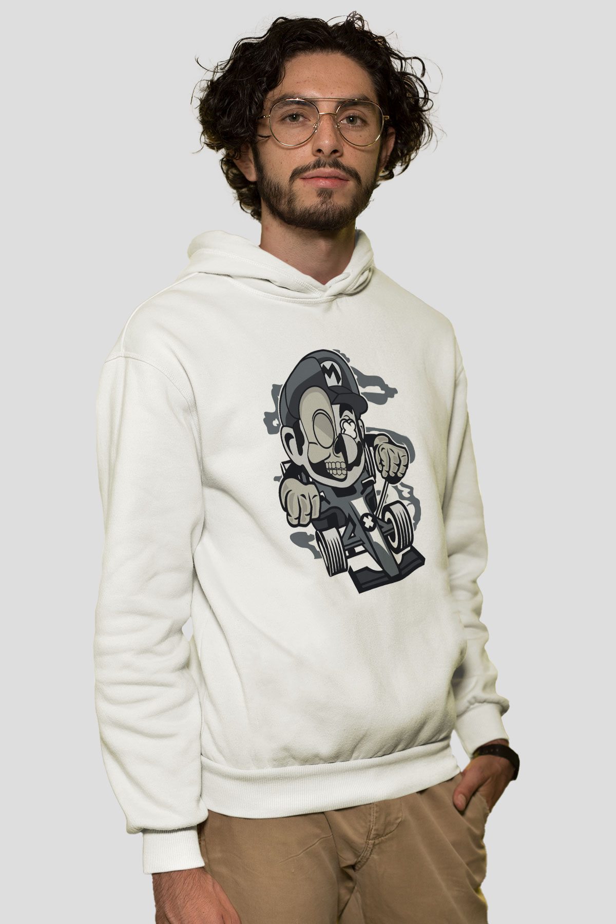 Mario Skull Karting Racer Baskılı Beyaz Unisex Hoodie