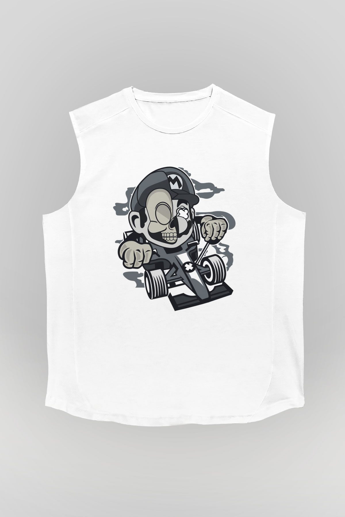 Mario Skull Karting Racer Baskılı Beyaz Unisex Kolsuz Tişört