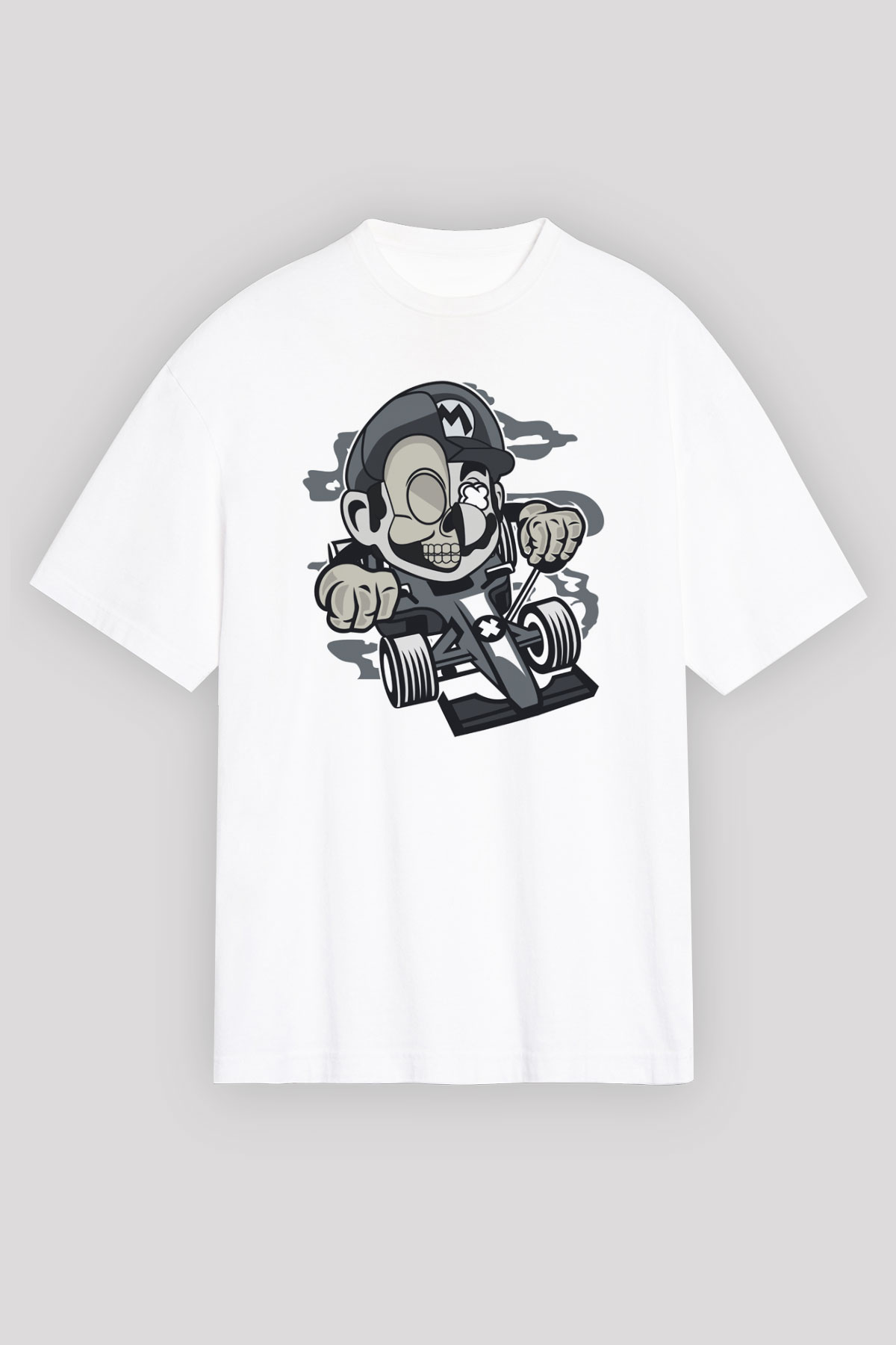 Mario Skull Karting Racer Baskılı Beyaz Unisex Oversize Tişört