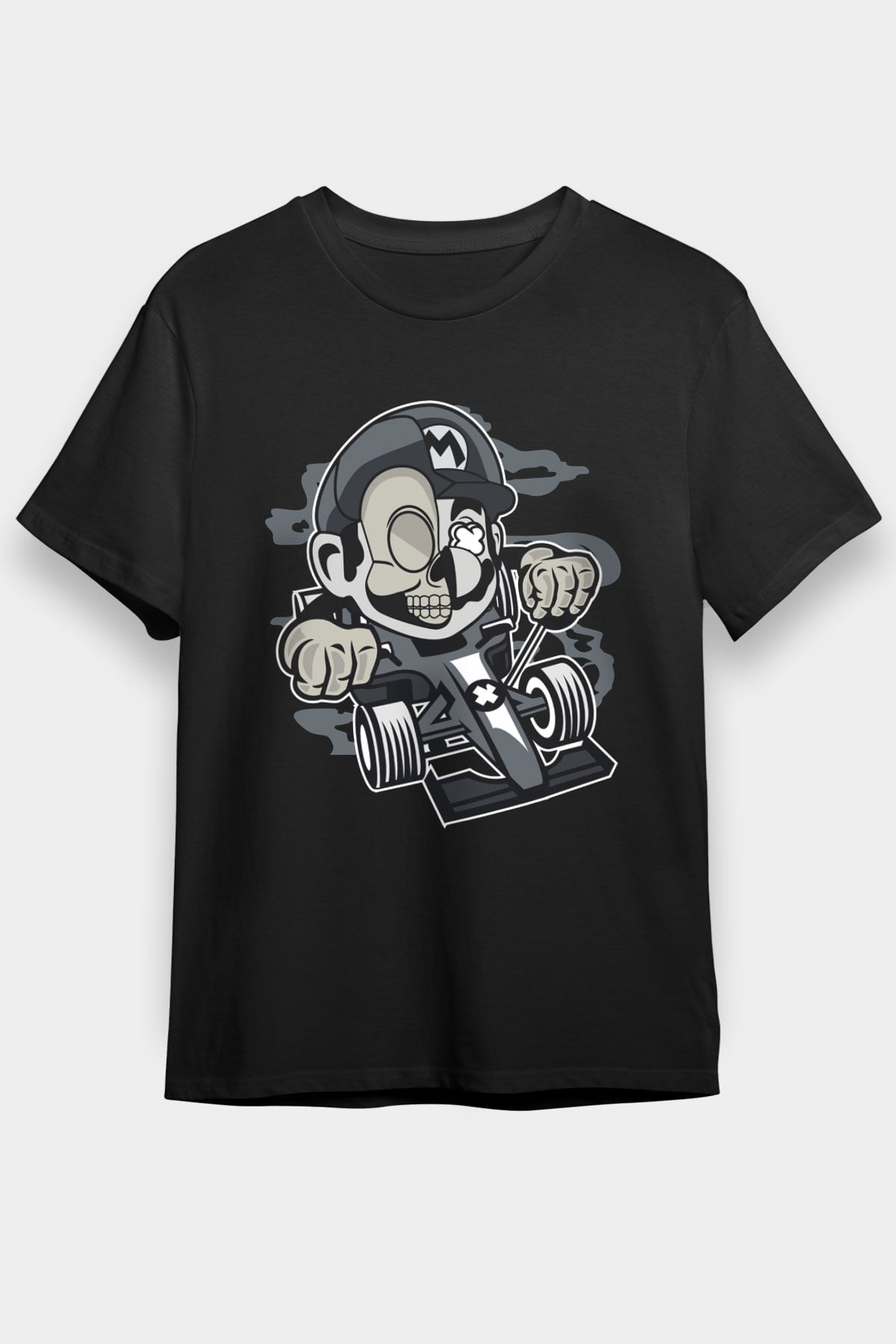 Mario Skull Karting Racer Baskılı Siyah Unisex Tişört