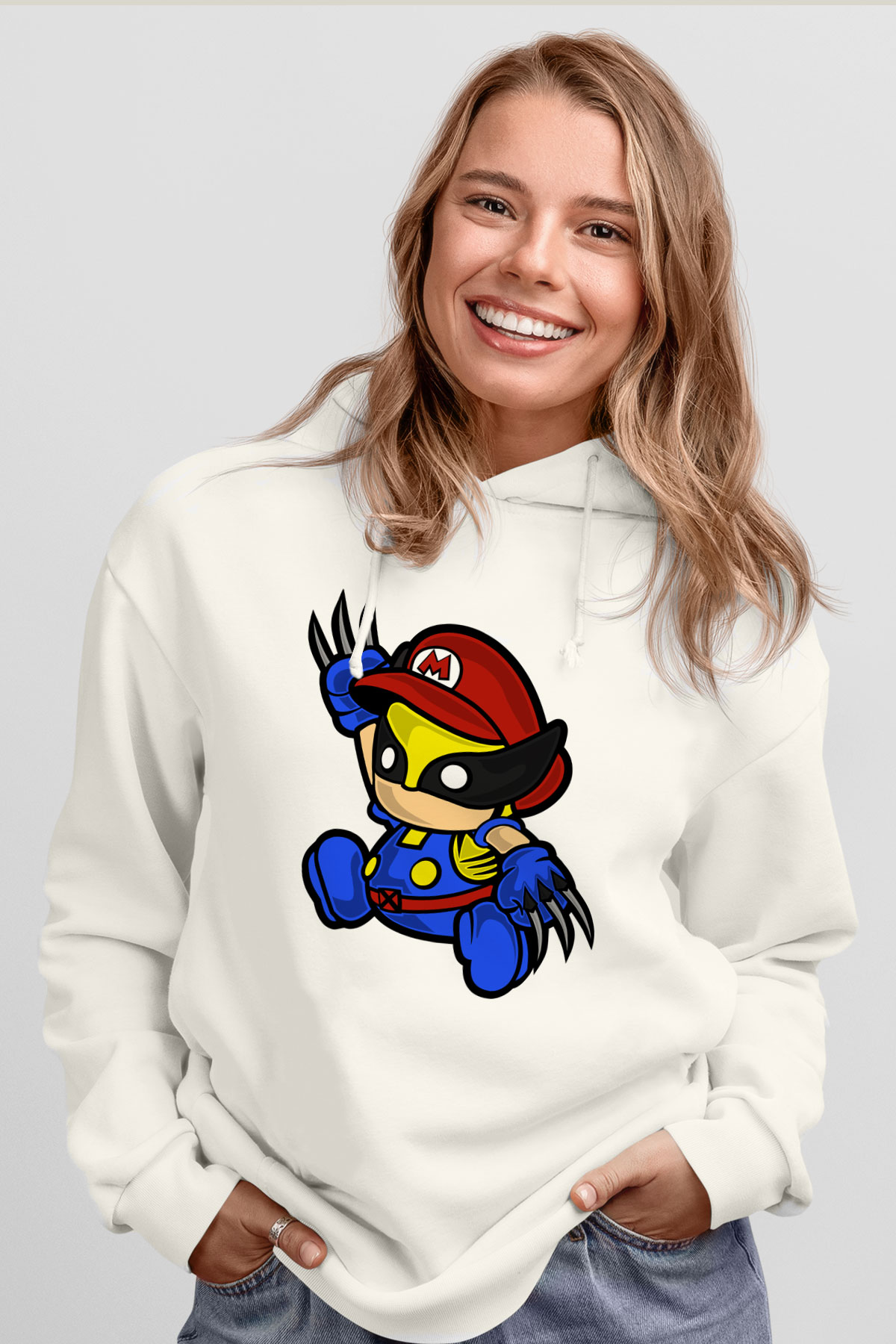 Mario Wolverine Baskılı Beyaz Unisex Hoodie