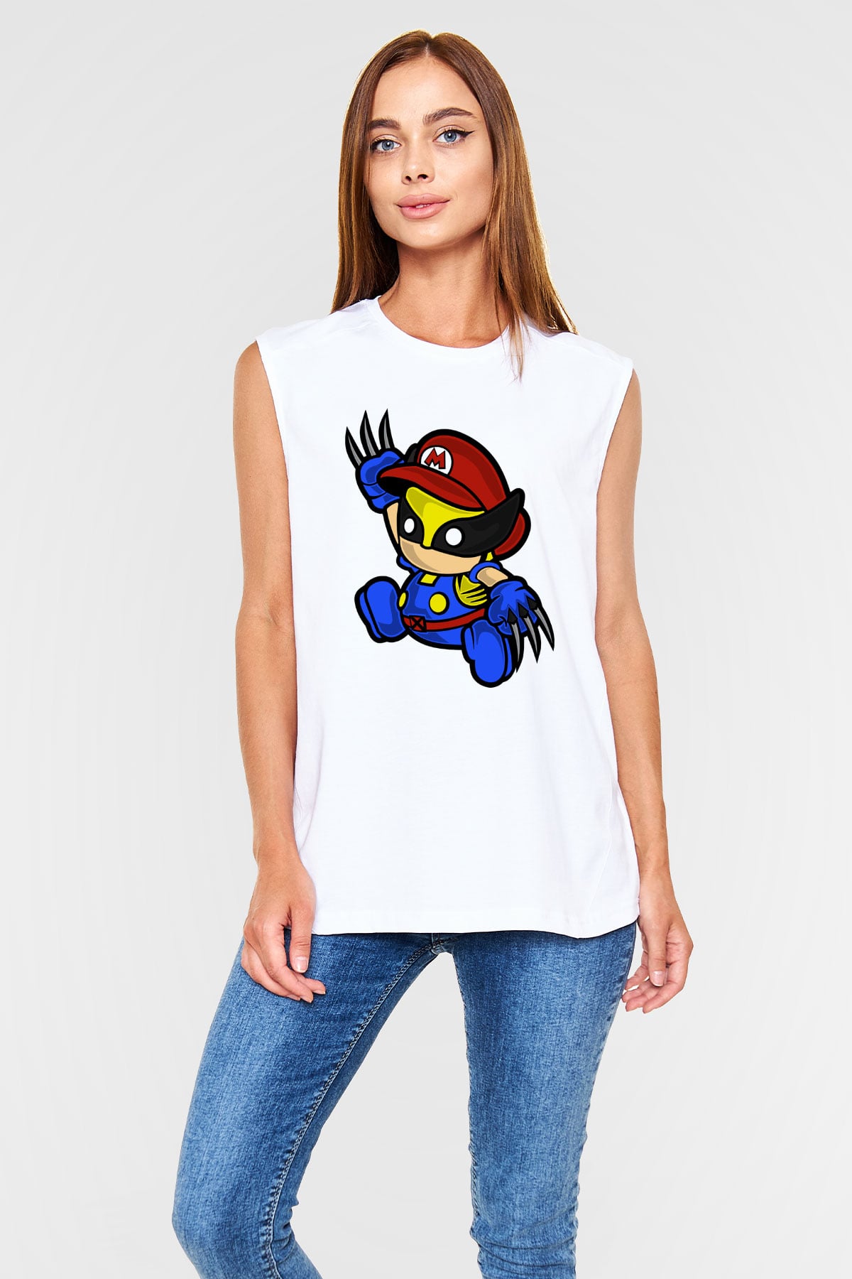 Mario Wolverine Baskılı Beyaz Unisex Kolsuz Tişört