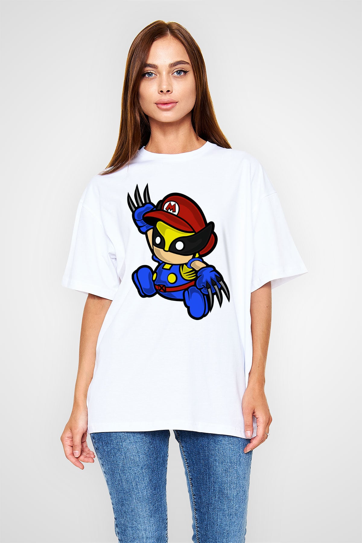 Mario Wolverine Baskılı Beyaz Unisex Oversize Tişört