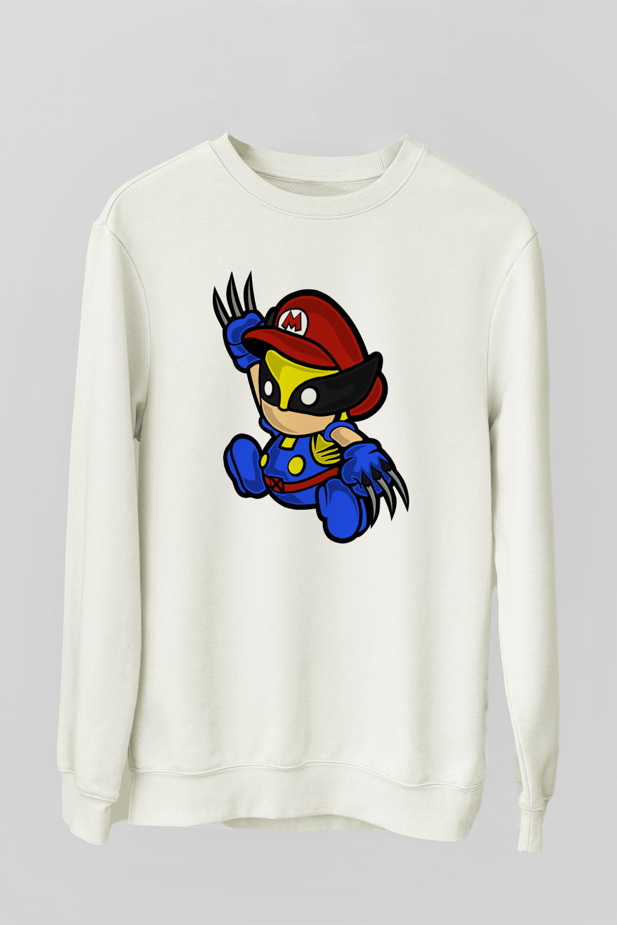 Mario Wolverine Baskılı Beyaz Unisex Sweatshirt