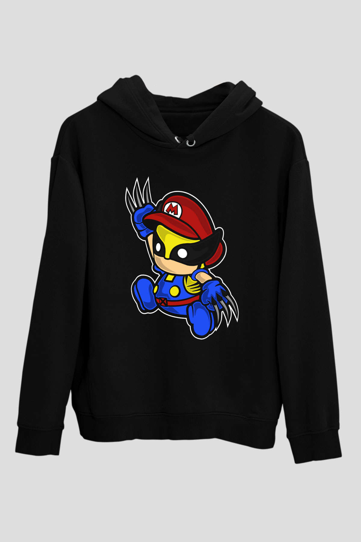 Mario Wolverine Baskılı Siyah Unisex Hoodie