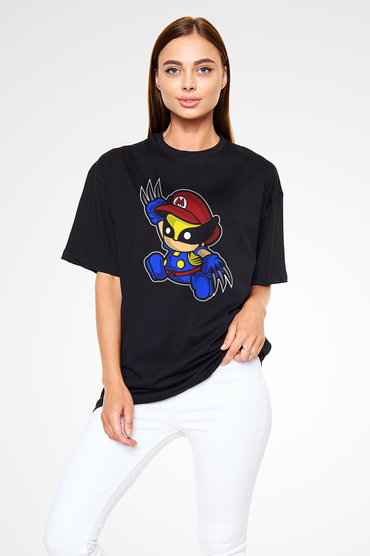 Mario Wolverine Baskılı Siyah Unisex Oversize Tişört