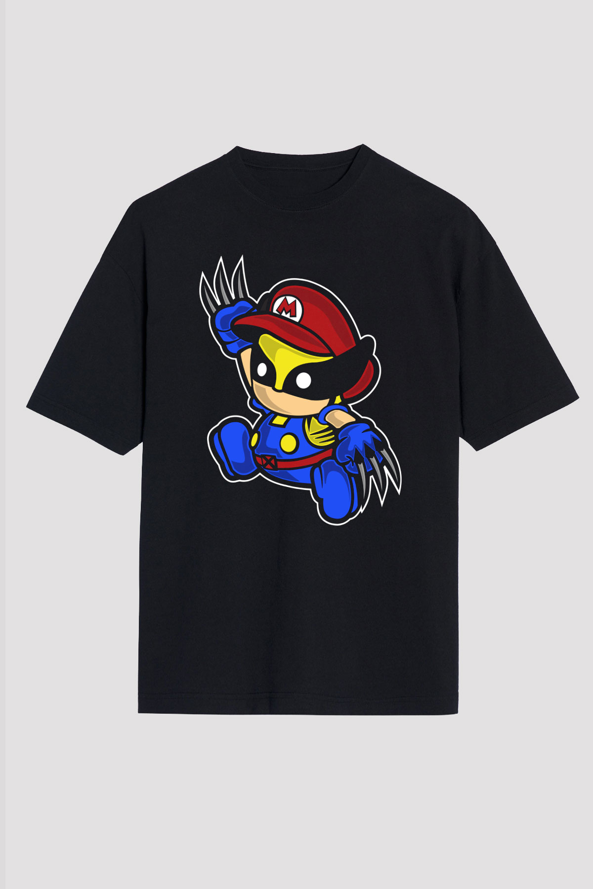 Mario Wolverine Baskılı Siyah Unisex Oversize Tişört