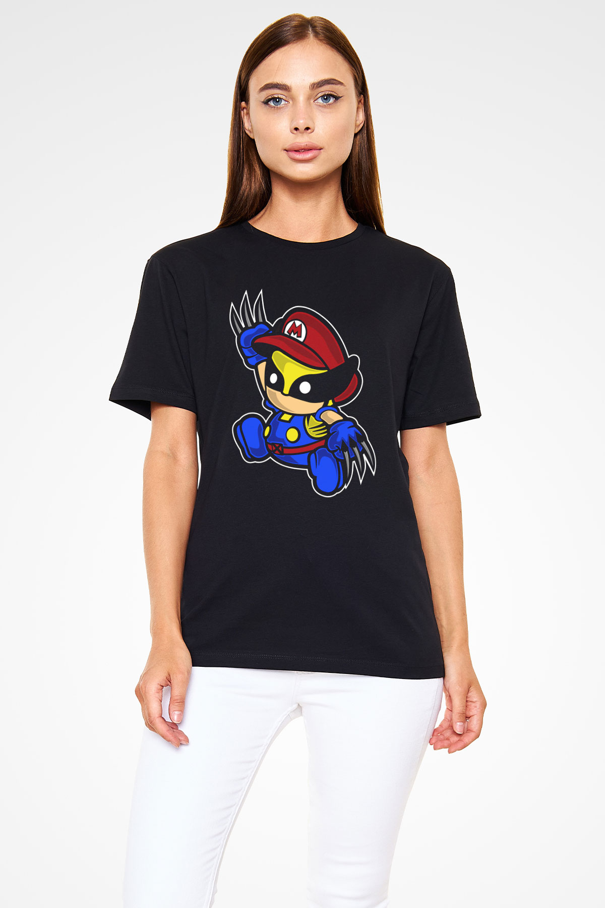 Mario Wolverine Baskılı Siyah Unisex Tişört