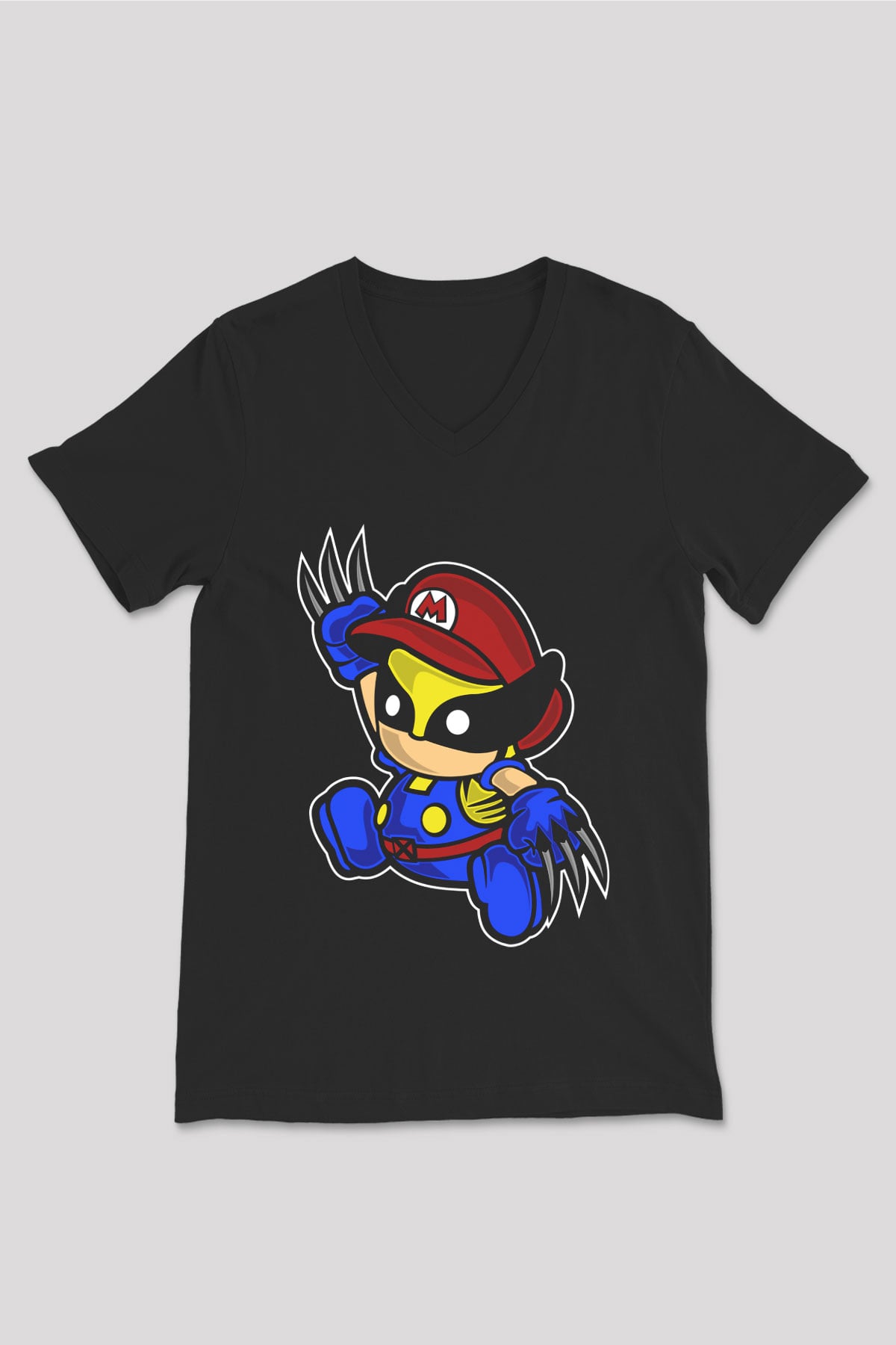 Mario Wolverine Baskılı Siyah Unisex V Yaka Tişört