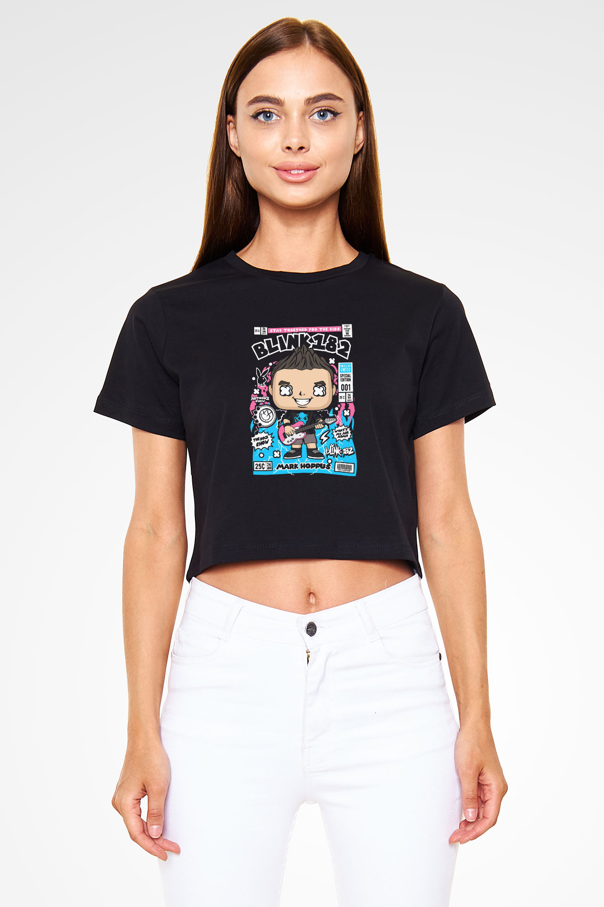 Mark Hoppus Blink 182 Baskılı  Siyah  Crop Top Tişört