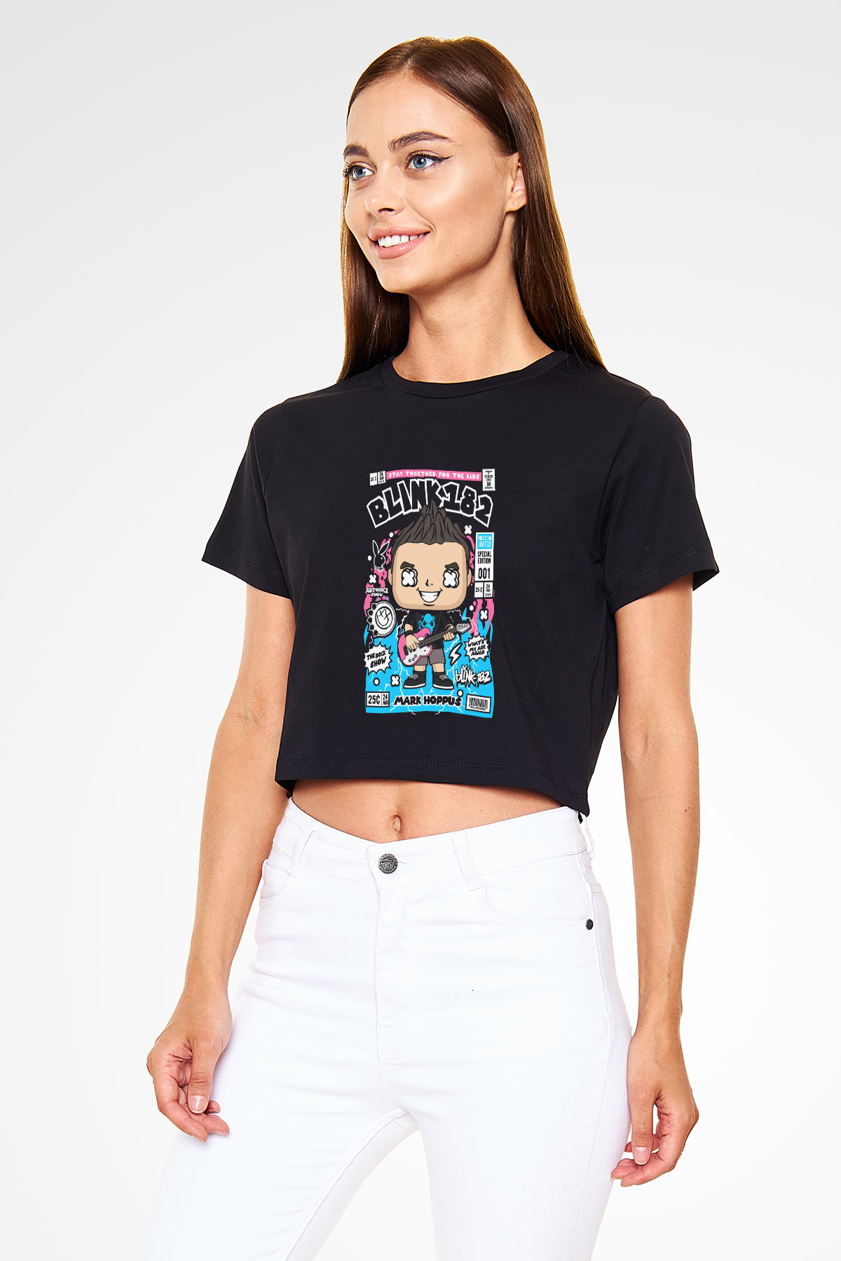 Mark Hoppus Blink 182 Baskılı  Siyah  Crop Top Tişört