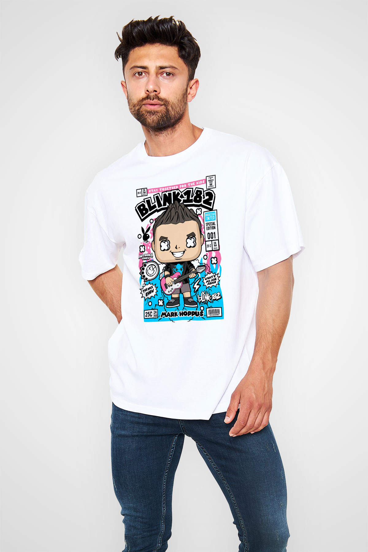 Mark Hoppus Blink 182 Baskılı Unisex Beyaz Oversize Tişört
