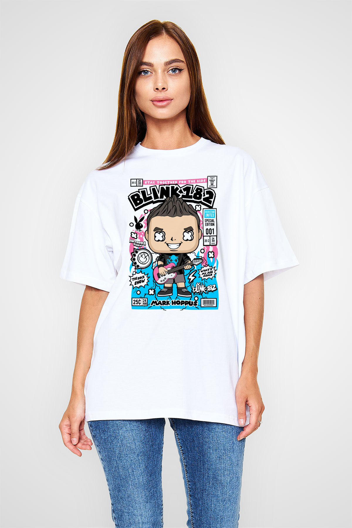 Mark Hoppus Blink 182 Baskılı Unisex Beyaz Oversize Tişört