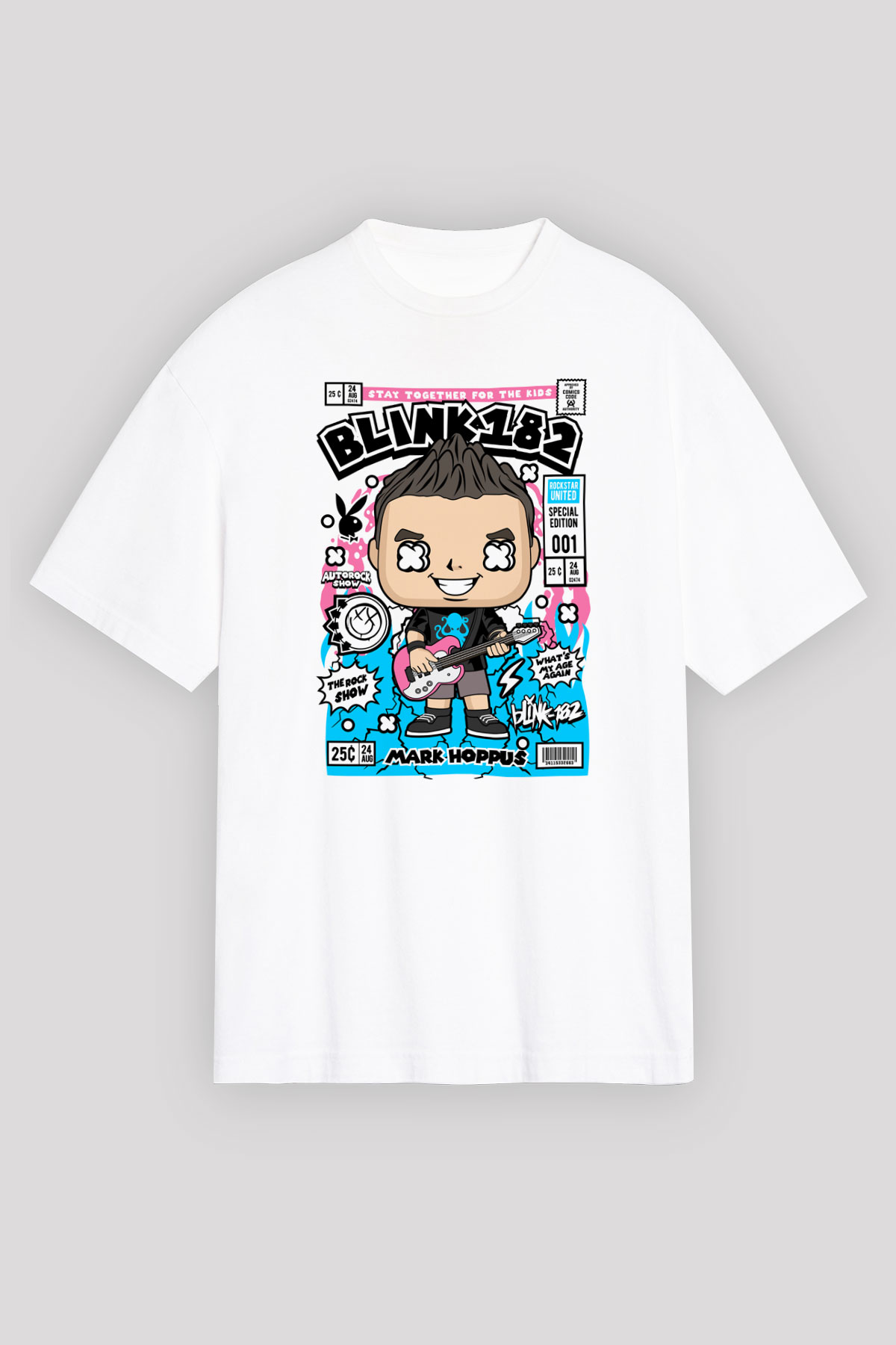 Mark Hoppus Blink 182 Baskılı Unisex Beyaz Oversize Tişört