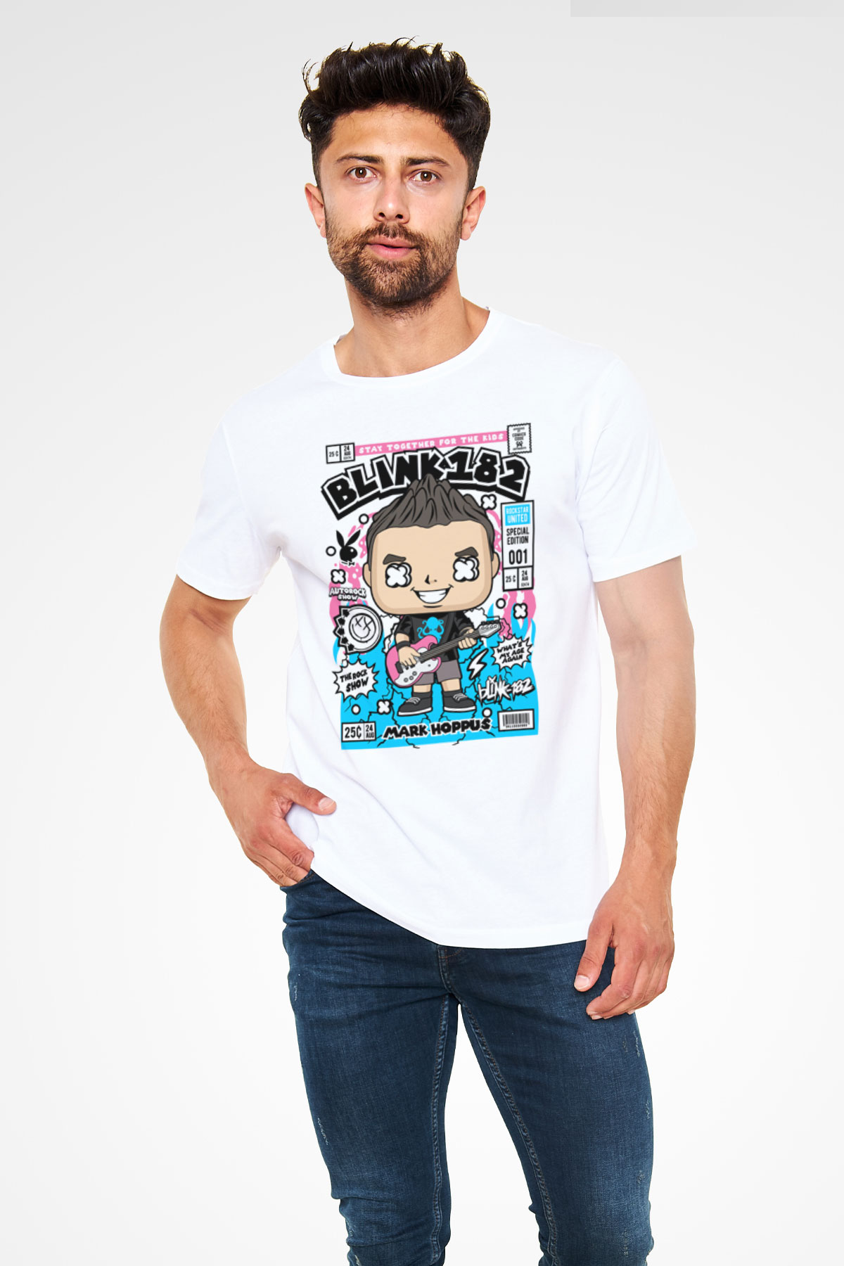 Mark Hoppus Blink 182 Baskılı Unisex Beyaz Tişört