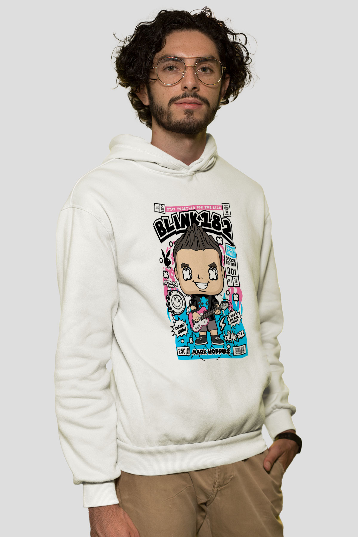Mark Hoppus Blink 182 Baskılı Unisex Beyaz Hoodie