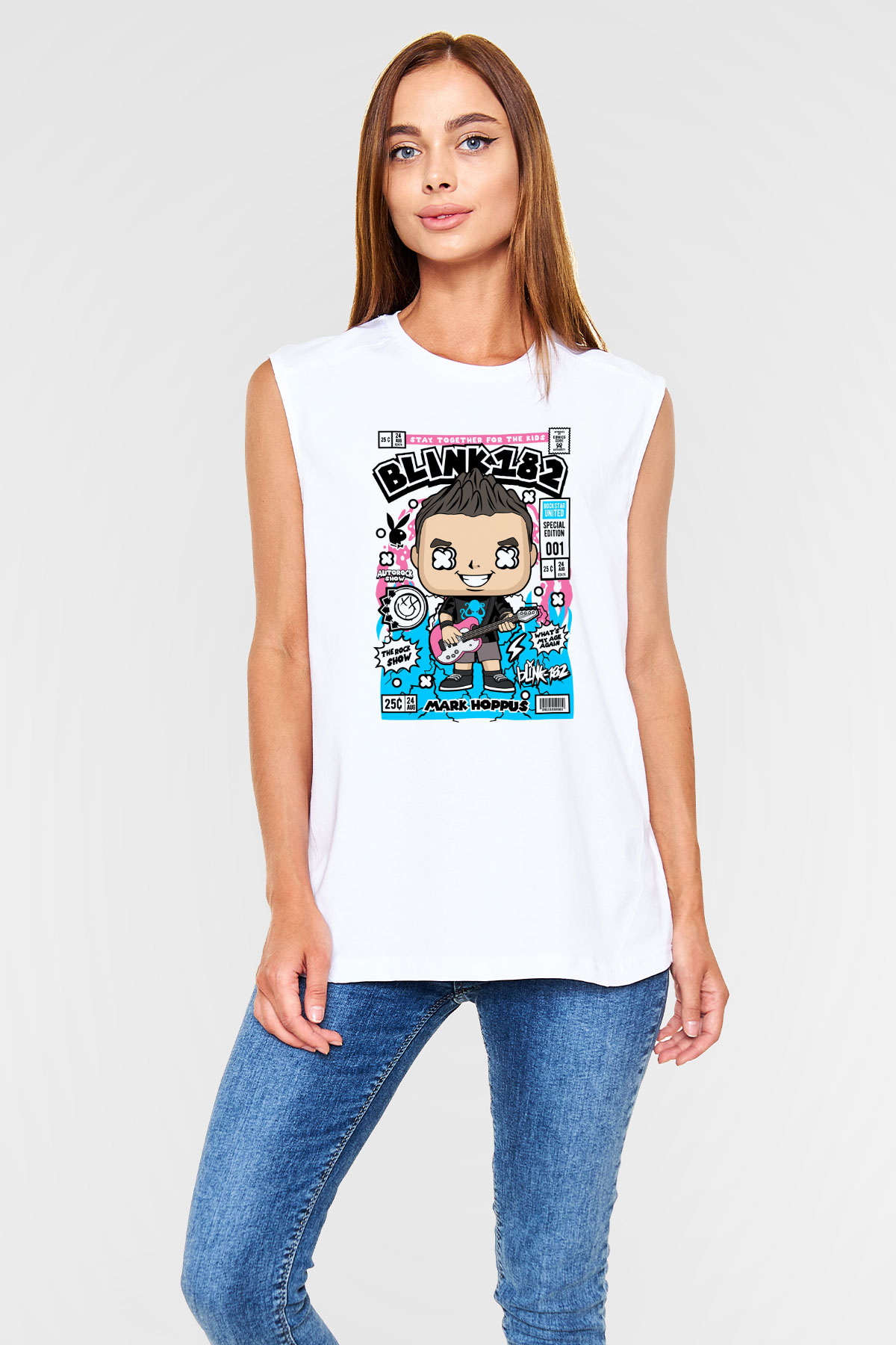 Mark Hoppus Blink 182 Baskılı Unisex Beyaz Kolsuz Tişört