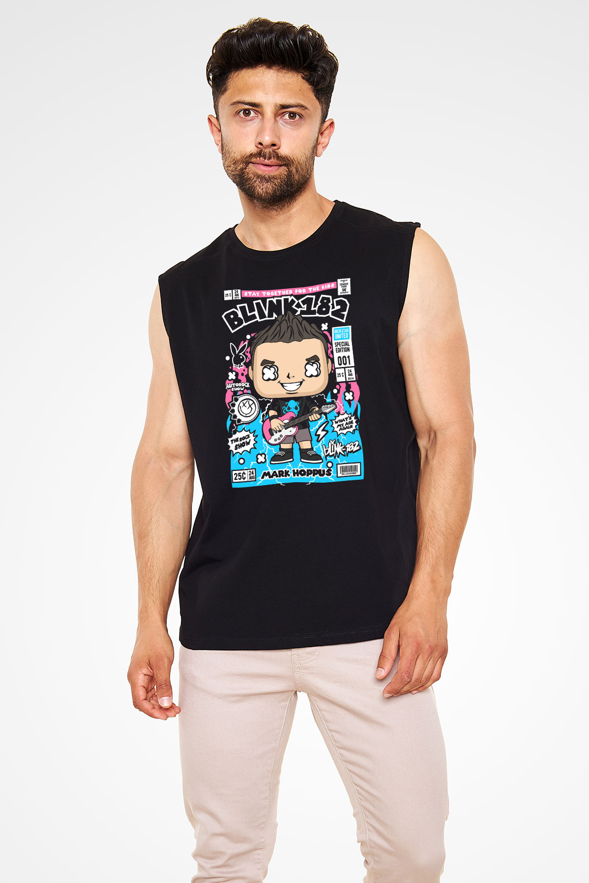 Mark Hoppus Blink 182 Baskılı Unisex Siyah Kolsuz Tişört
