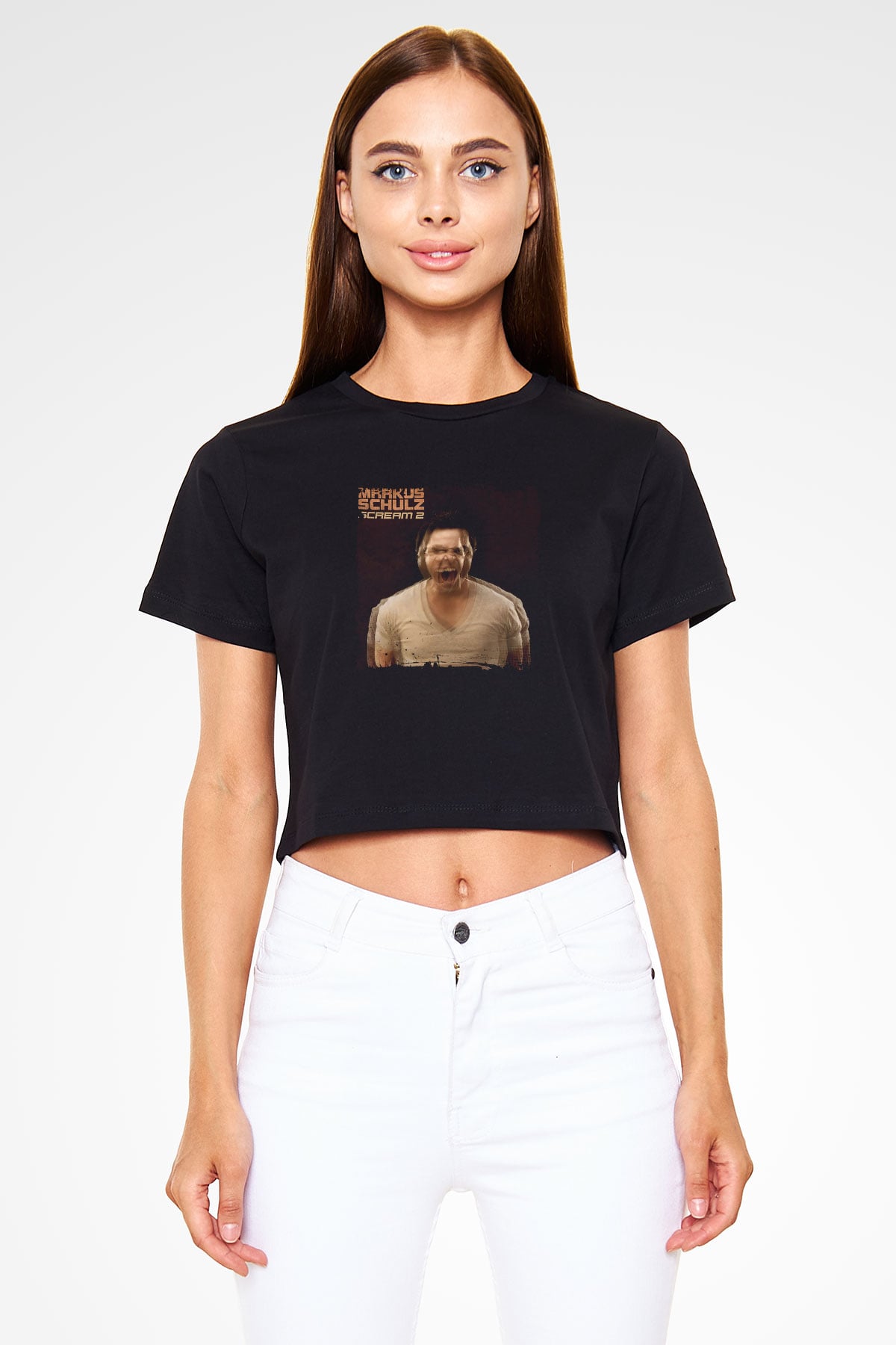 Markus Schulz Baskılı Crop Top Siyah Kadın Tişört