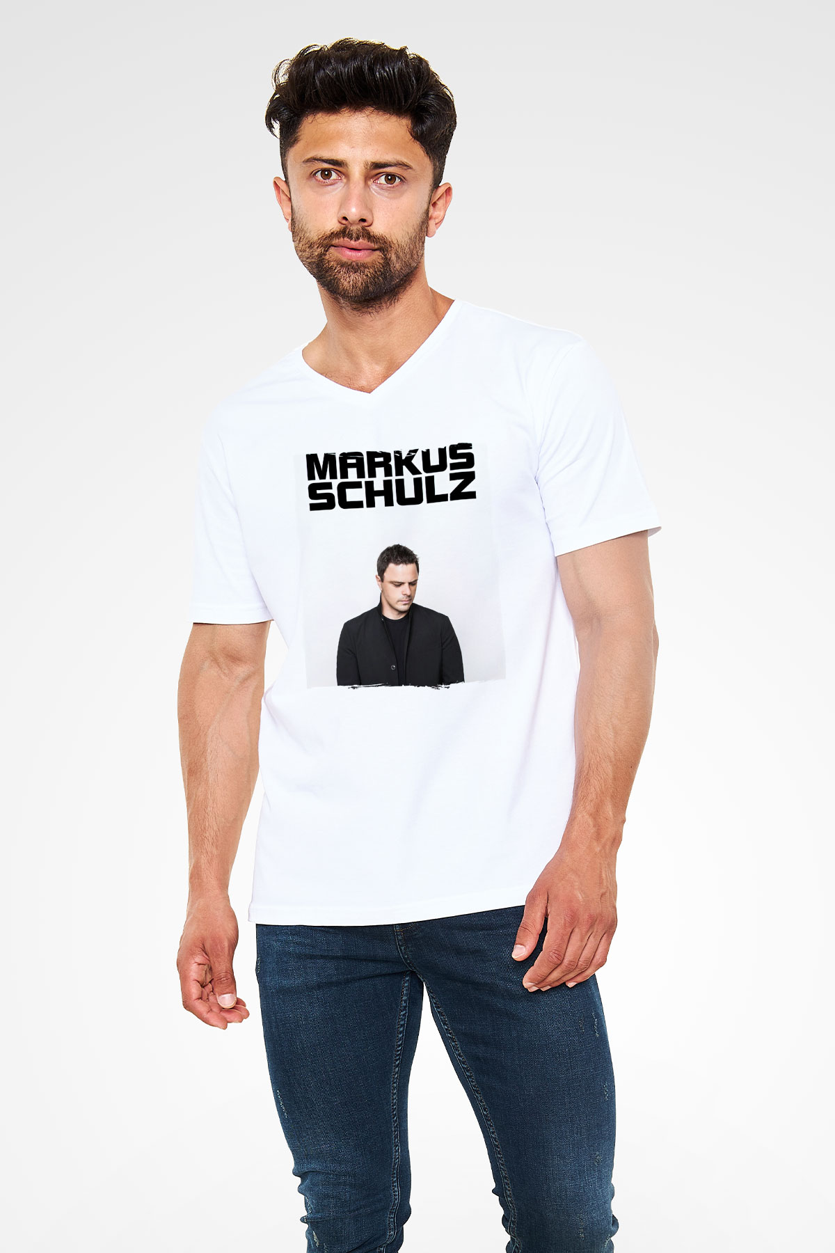 Markus Schulz Beyaz Unisex V Yaka Tişört
