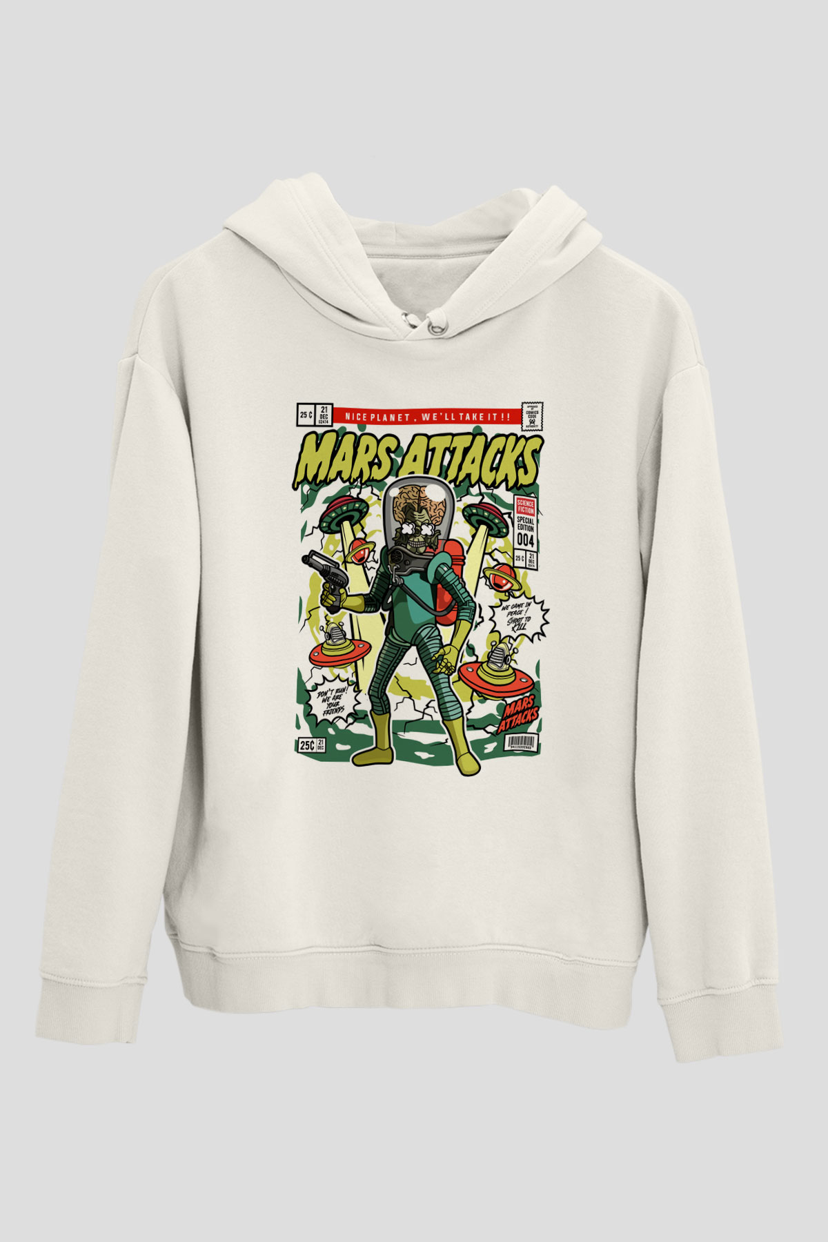 Mars Attacks Baskılı Unisex Beyaz Hoodie