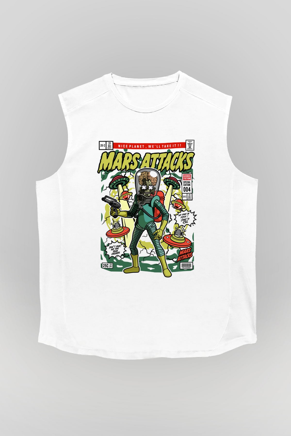 Mars Attacks Baskılı Unisex Beyaz Kolsuz Tişört