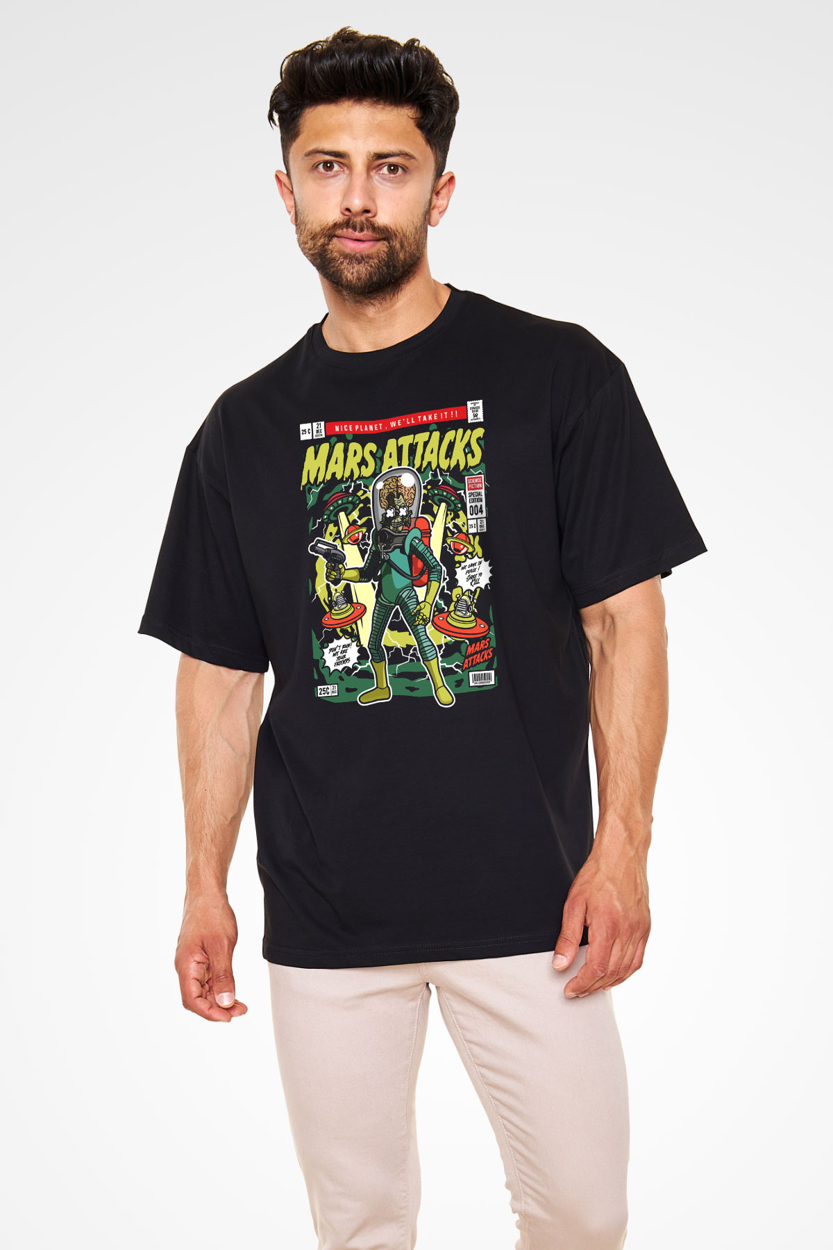 Mars Attacks Baskılı Unisex Siyah Oversize Tişört