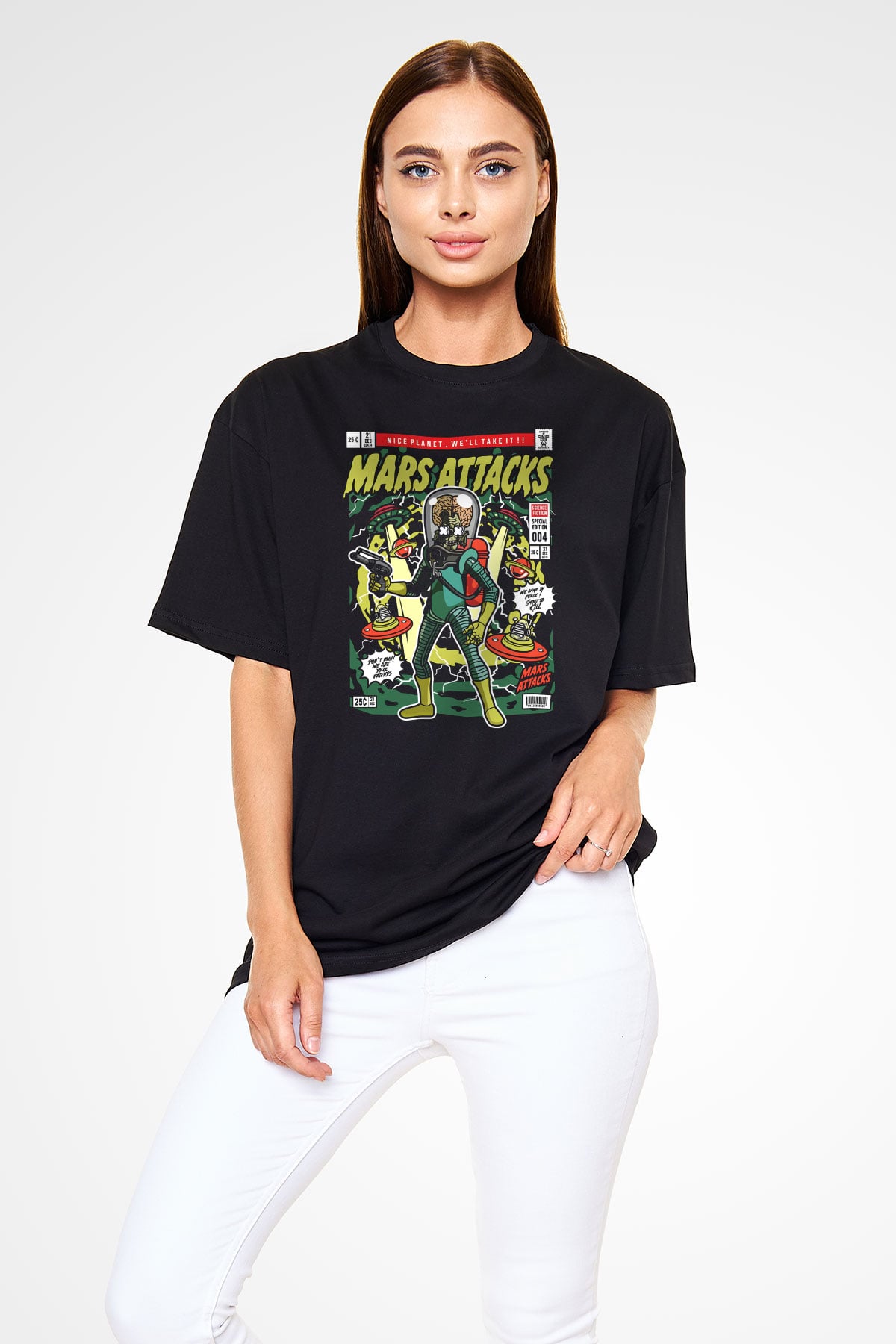 Mars Attacks Baskılı Unisex Siyah Oversize Tişört