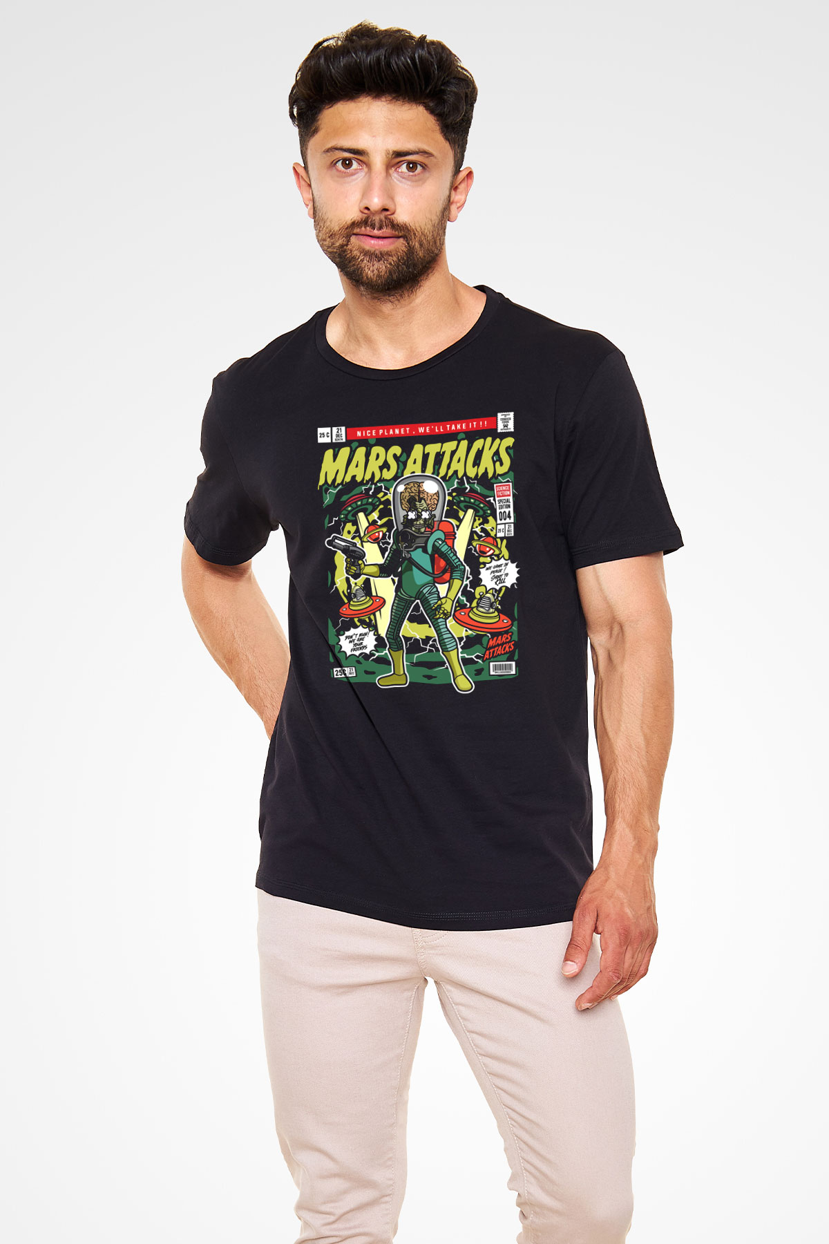 Mars Attacks Baskılı Unisex Siyah Tişört