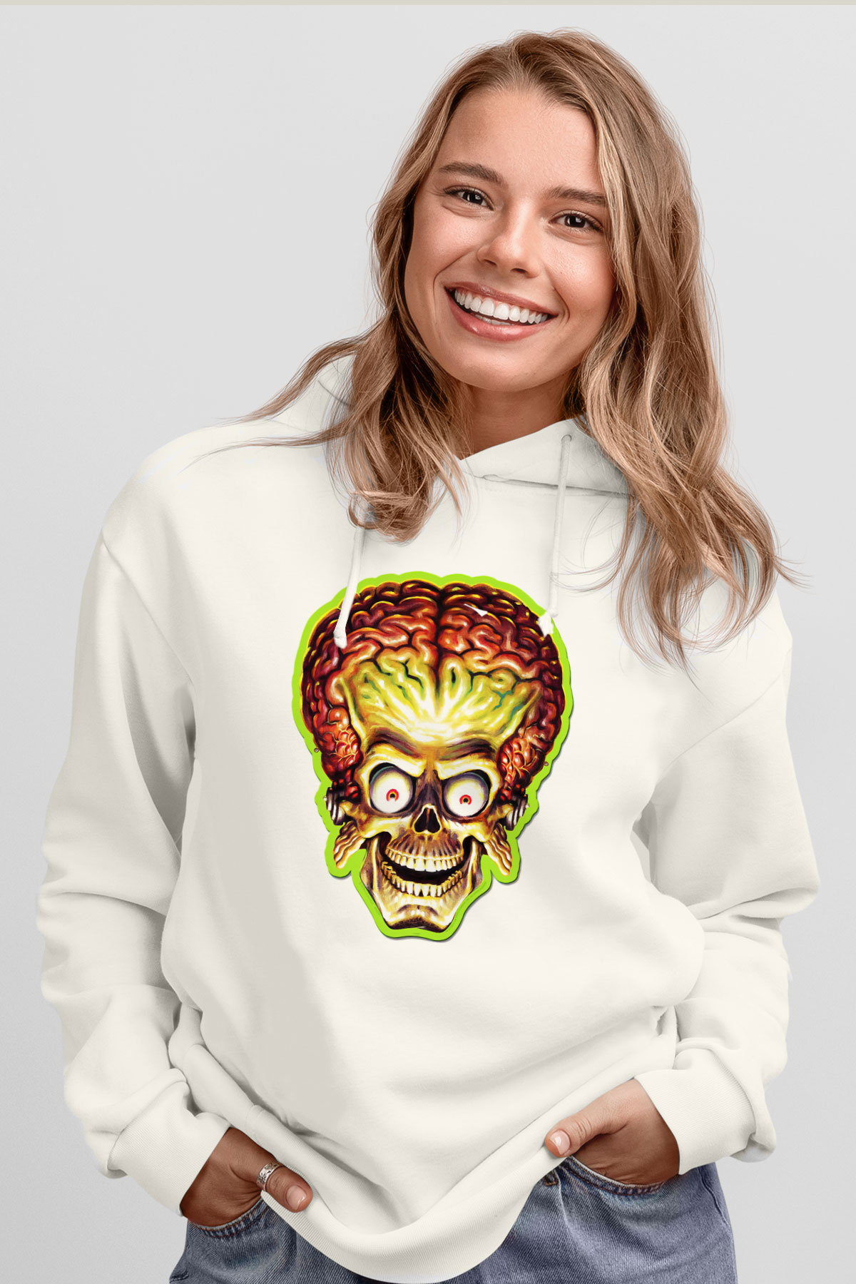 Mars Attacks Beyaz Unisex Kapşonlu Sweatshirt