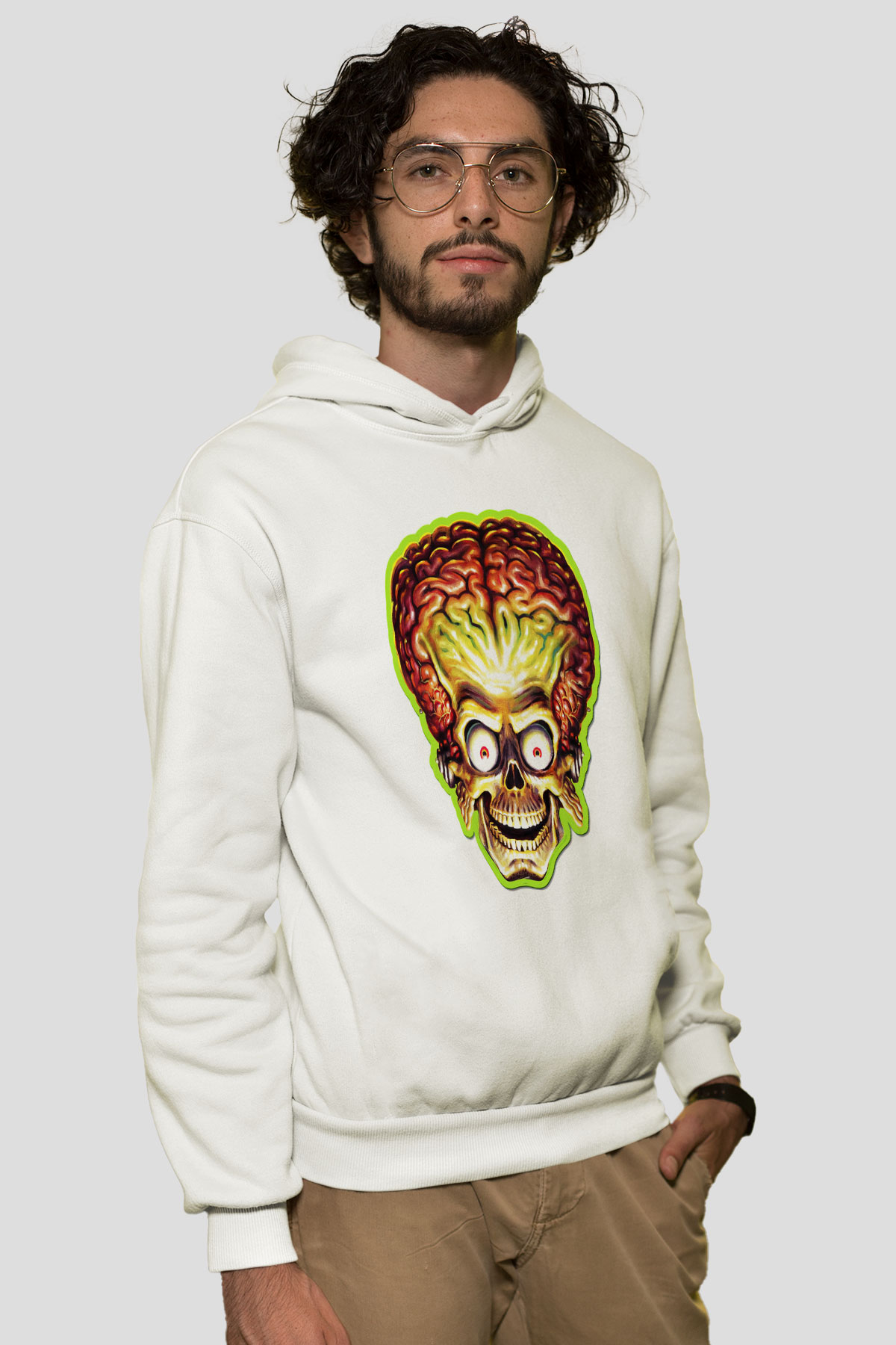 Mars Attacks Beyaz Unisex Kapşonlu Sweatshirt