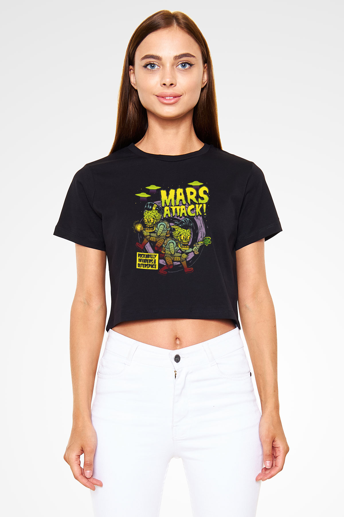 Mars Attacks Siyah   Crop Top Tişört