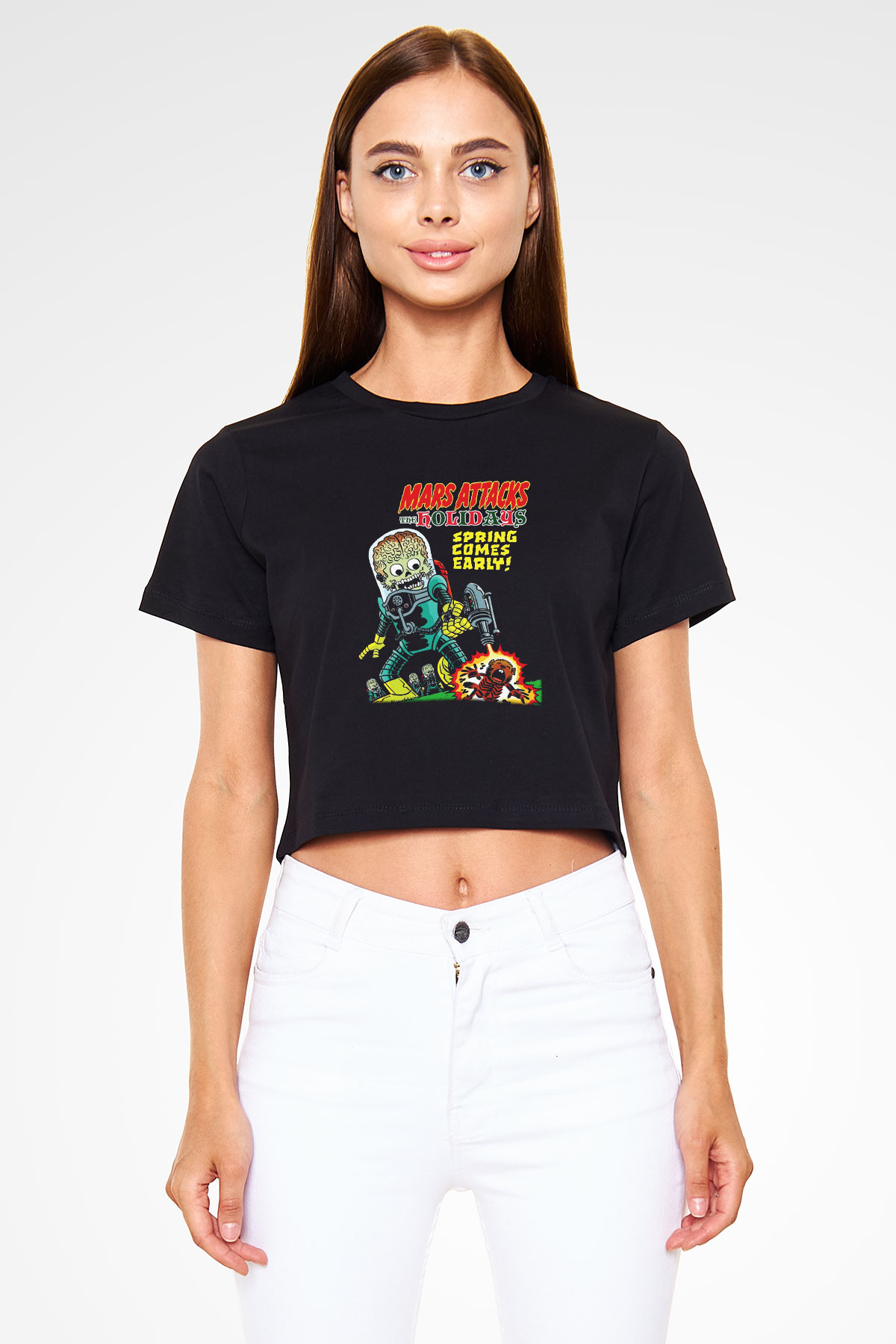 Mars Attacks Siyah Crop Top Tişört