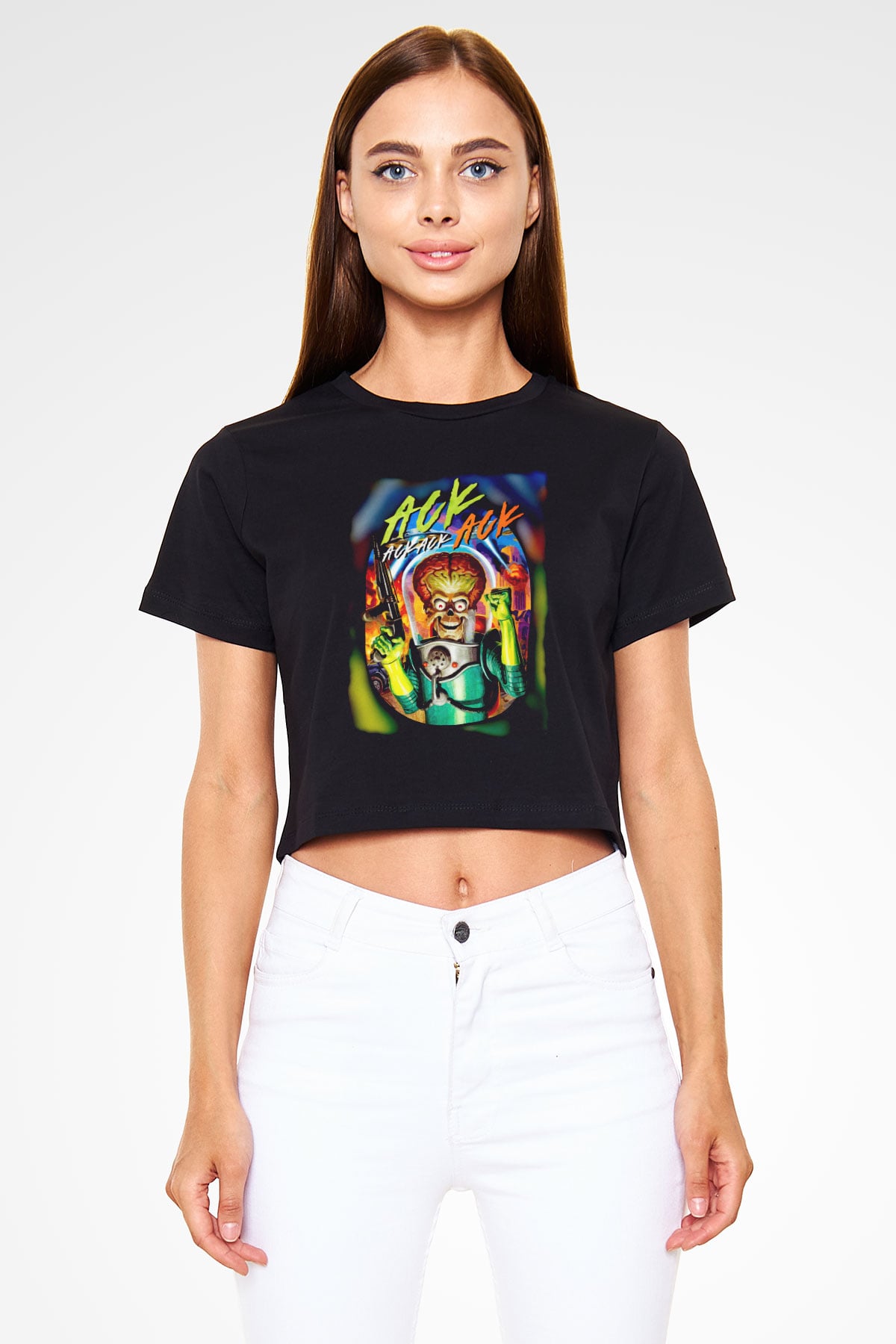 Mars Attacks Siyah   Crop Top Tişört