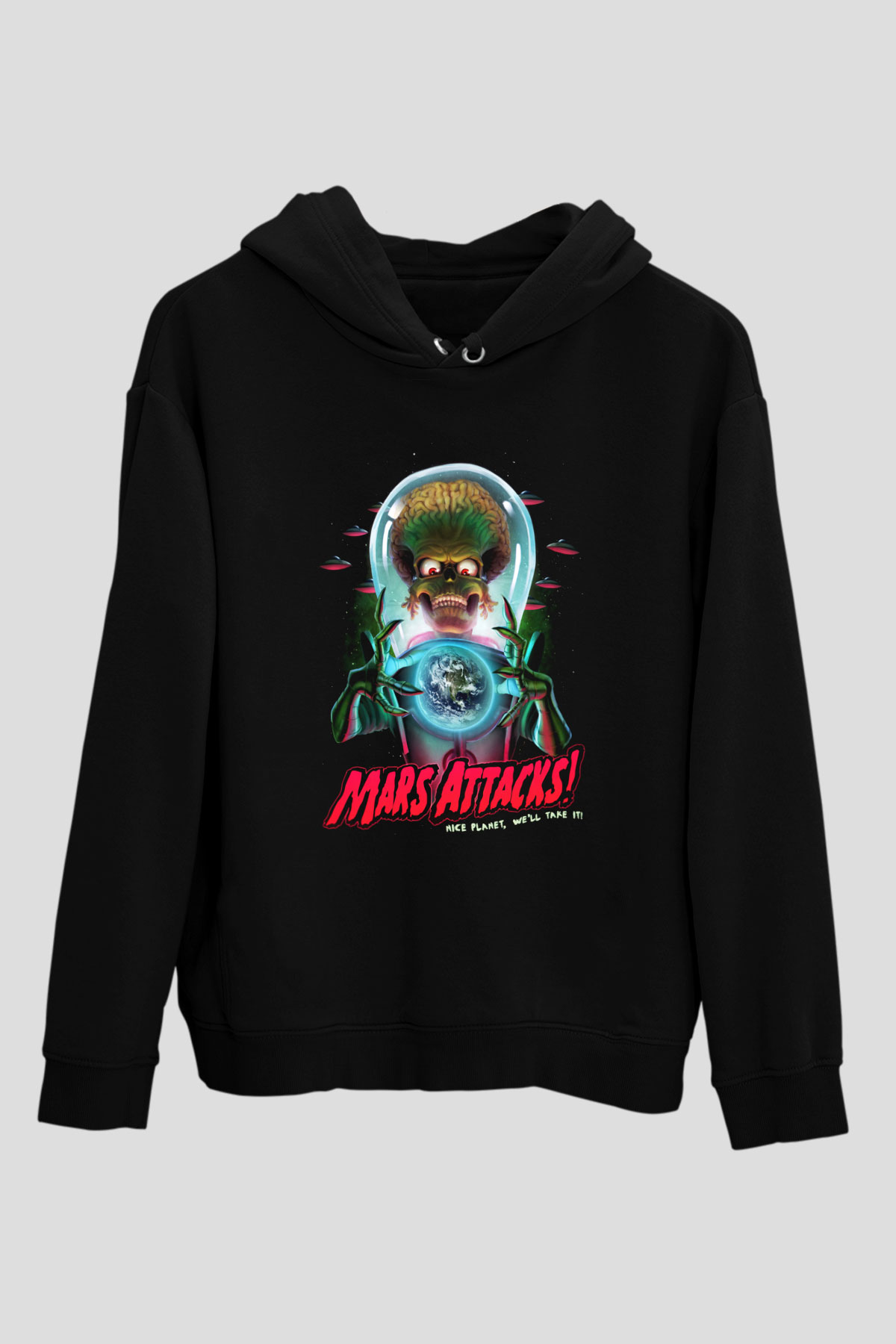 Mars Attacks Siyah Unisex Kapüşonlu Sweatshirt