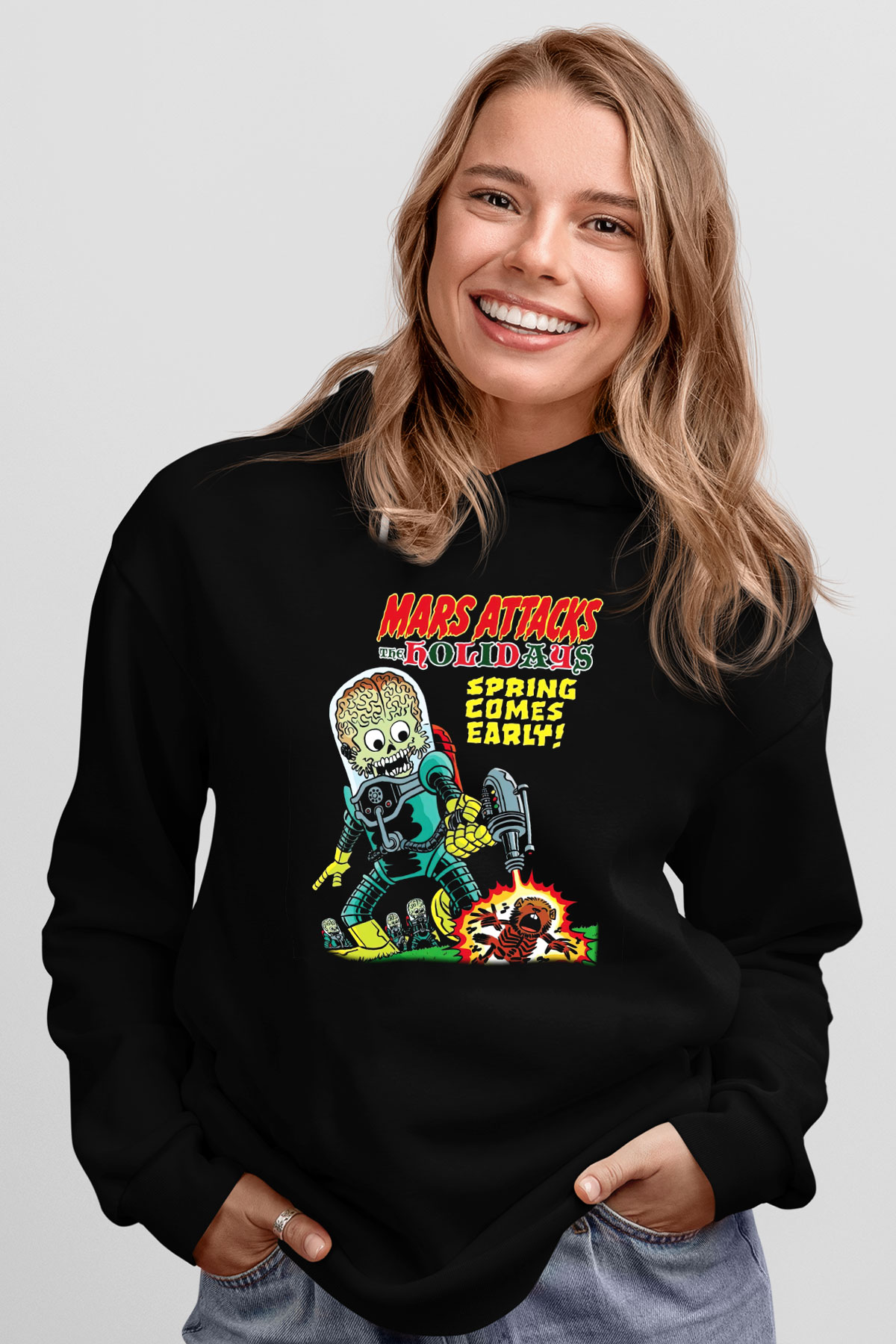 Mars Attacks Siyah Unisex Kapüşonlu Sweatshirt