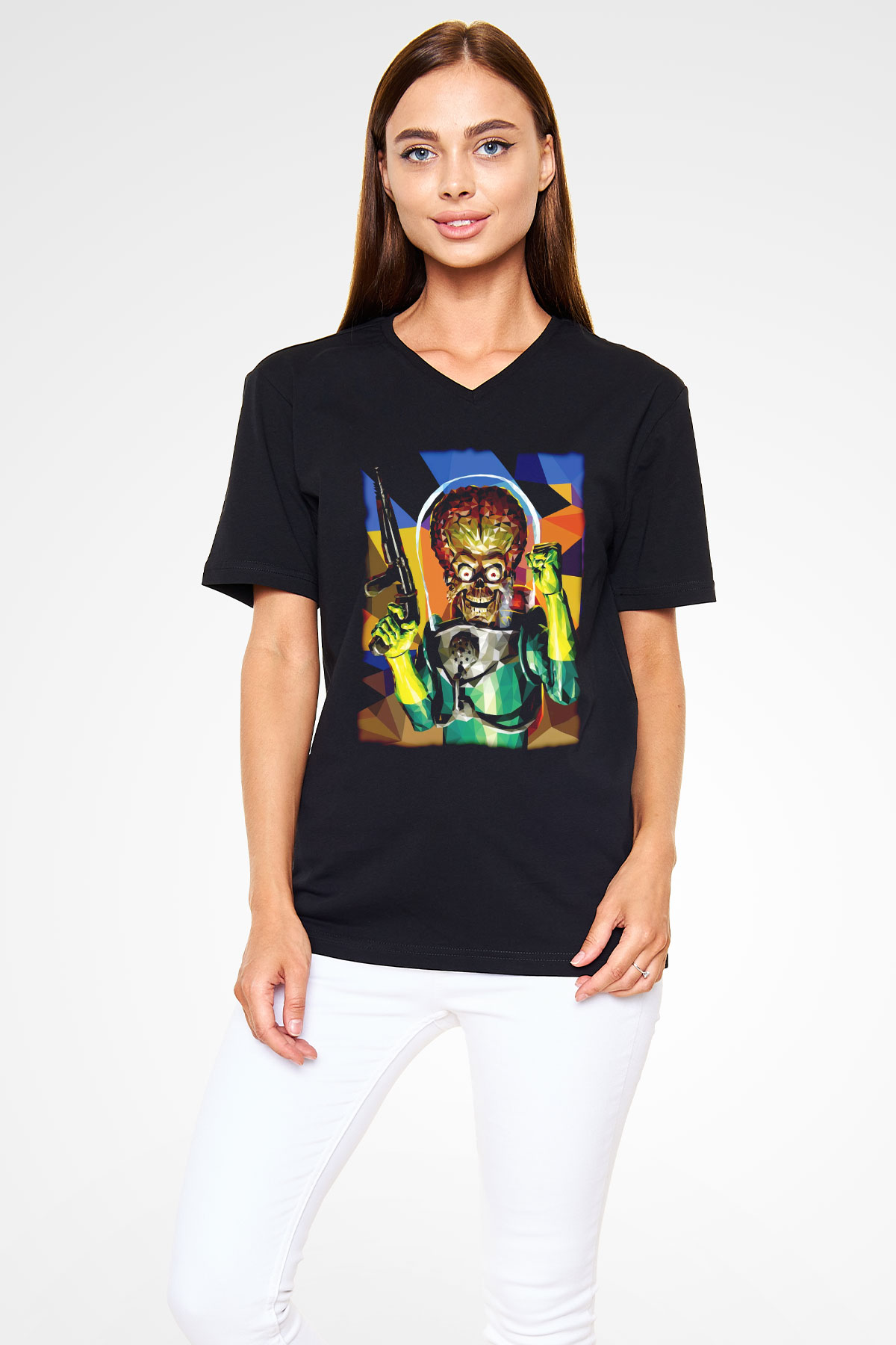 Mars Attacks Siyah Unisex  V Yaka Tişört
