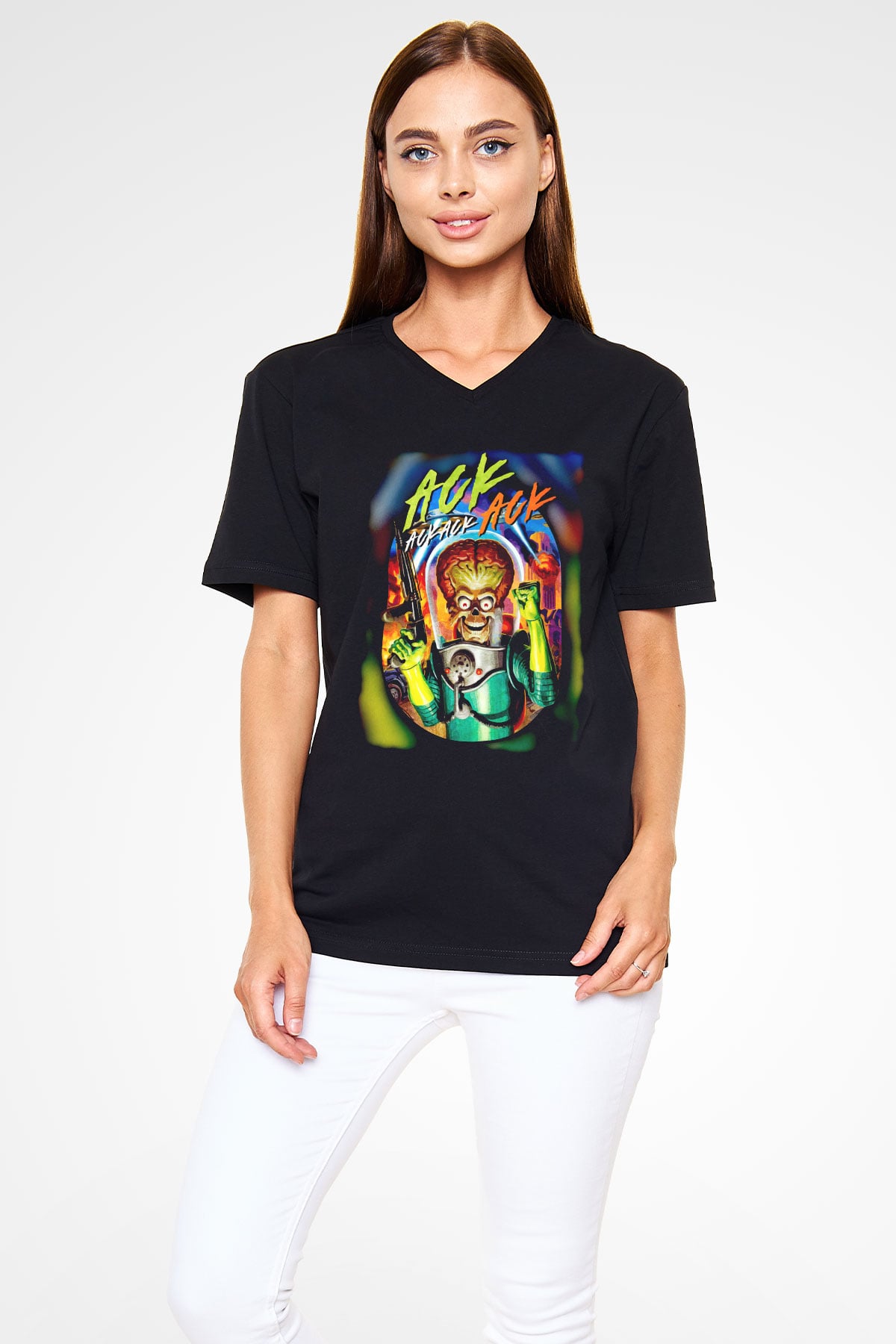 Mars Attacks Siyah Unisex  V Yaka Tişört