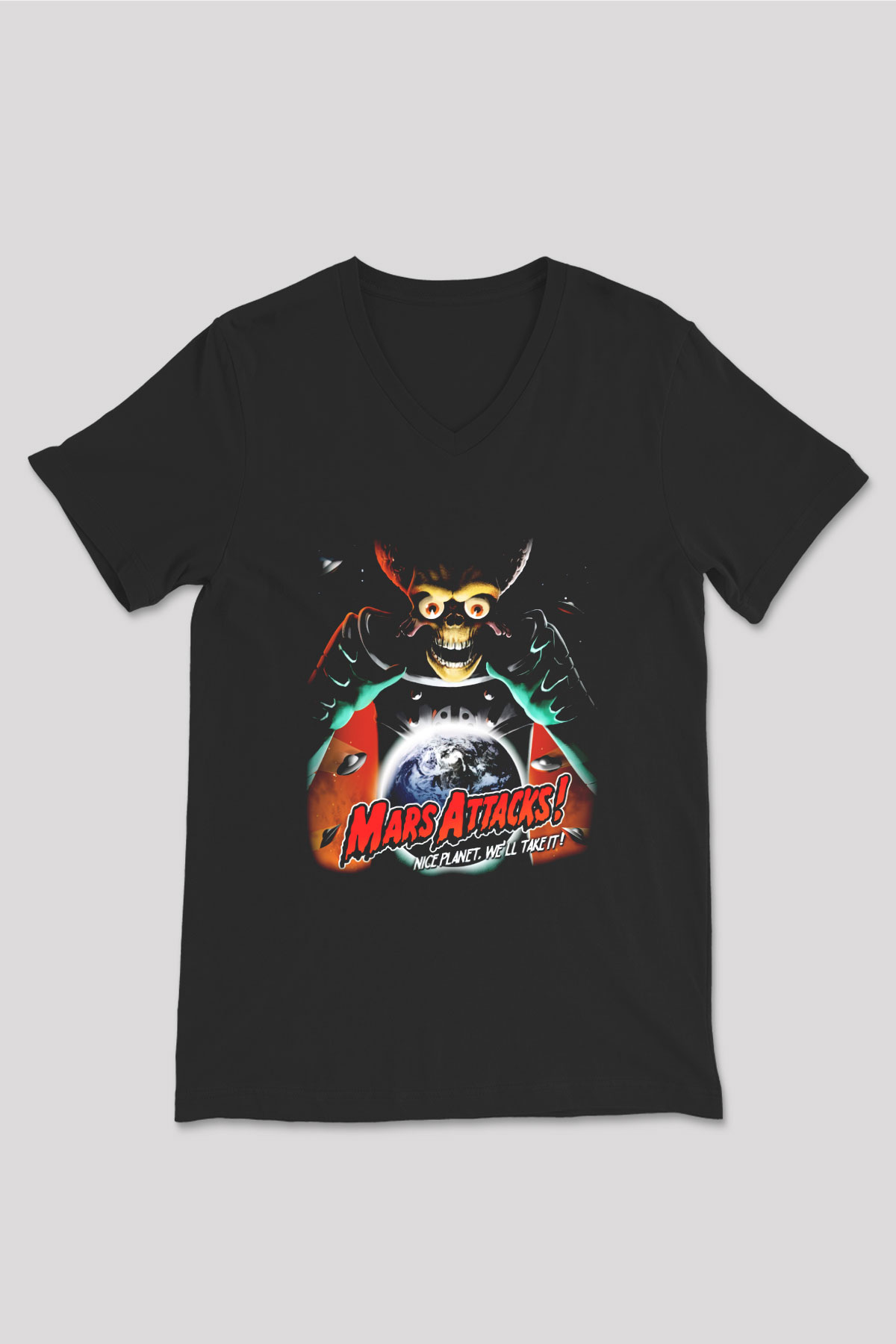 Mars Attacks Siyah Unisex V Yaka Tişört