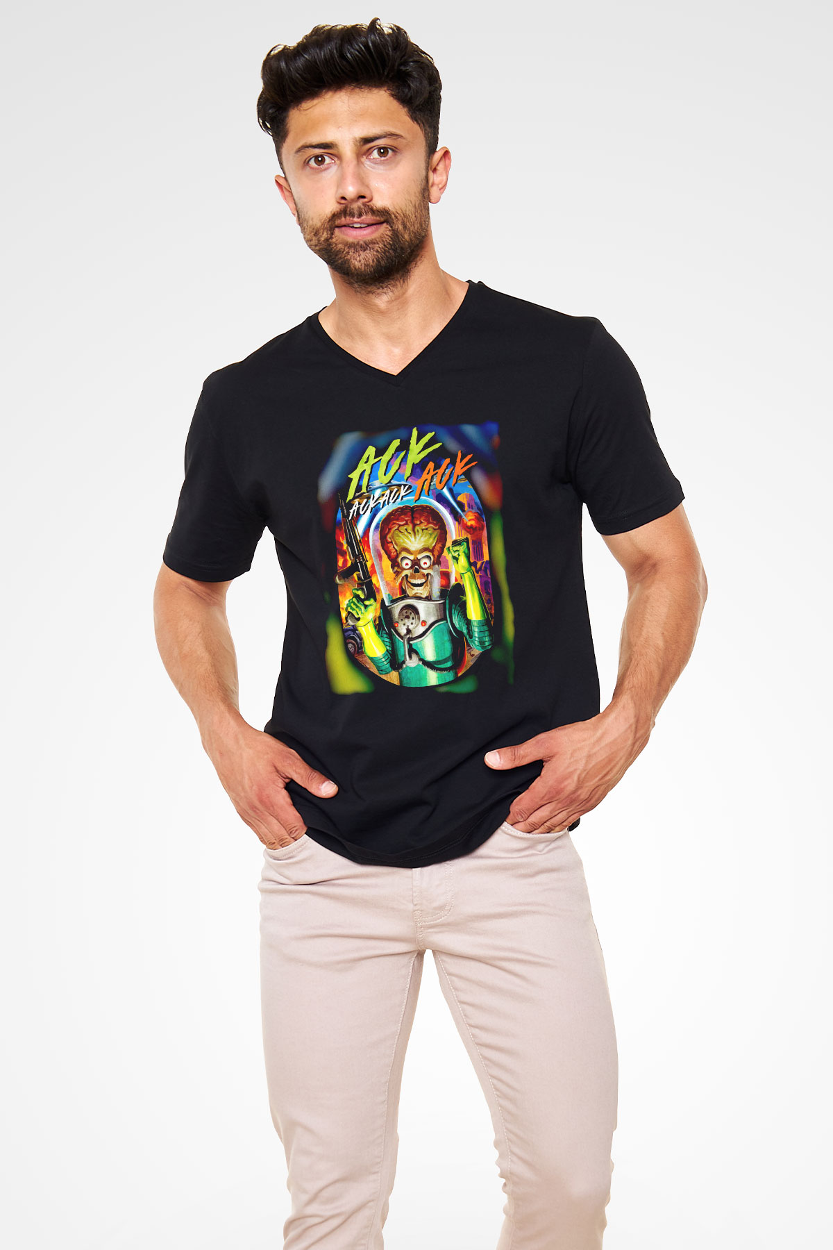 Mars Attacks Siyah Unisex  V Yaka Tişört