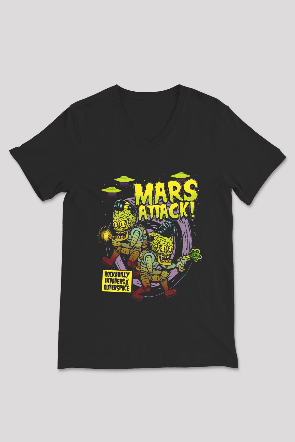 Mars Attacks Siyah Unisex  V Yaka Tişört