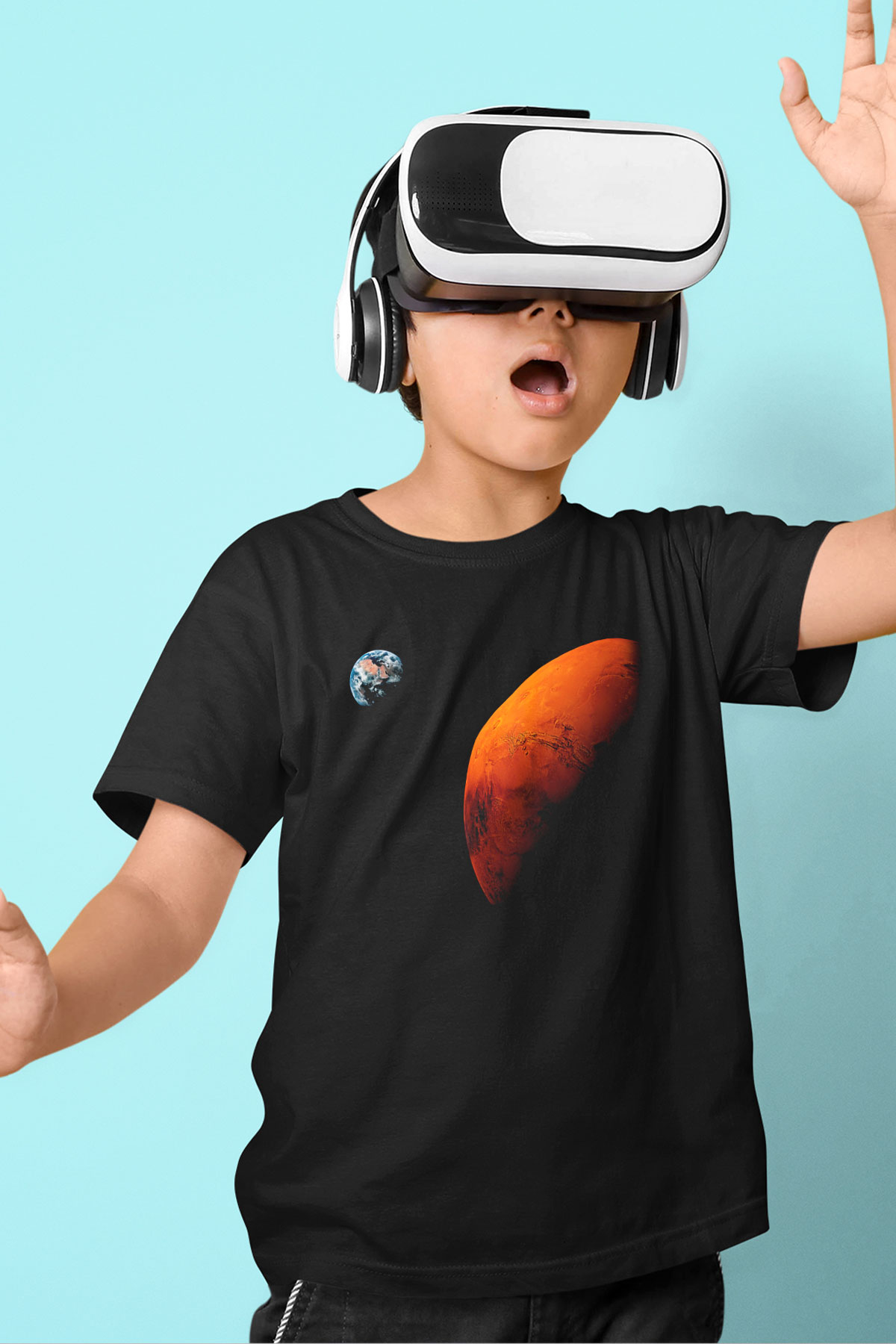 Mars Baskılı Siyah Unisex Çocuk Tişört