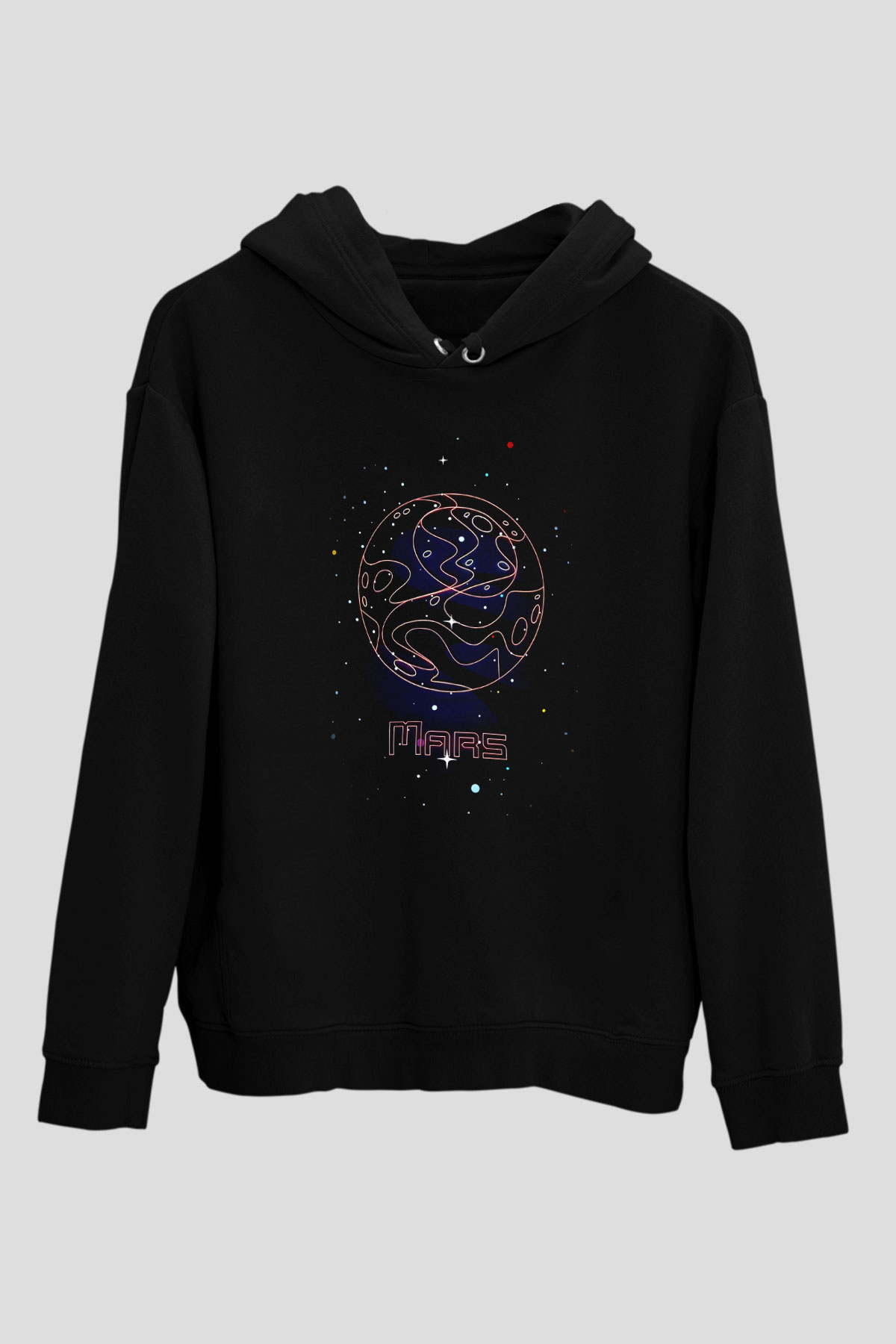 Mars Çizim Baskılı Unisex Siyah Hoodie