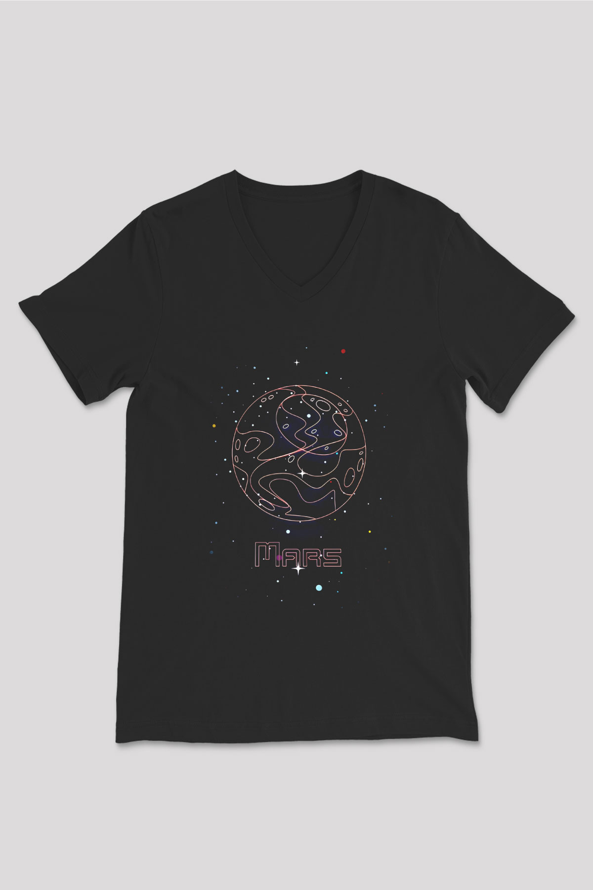 Mars Çizim Baskılı Unisex V Yaka Siyah Tİşört - Tshirt