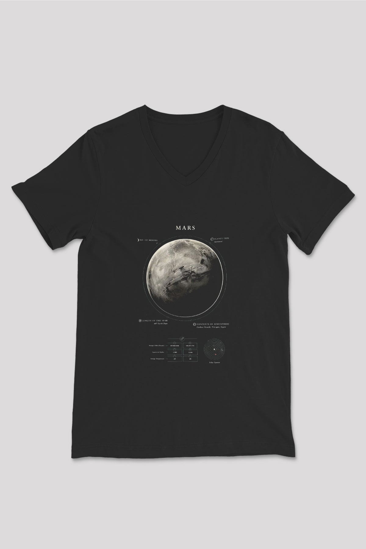 Mars Fiziksel Özellikleri Baskılı Unisex V Yaka Siyah Tİşört - Tshirt